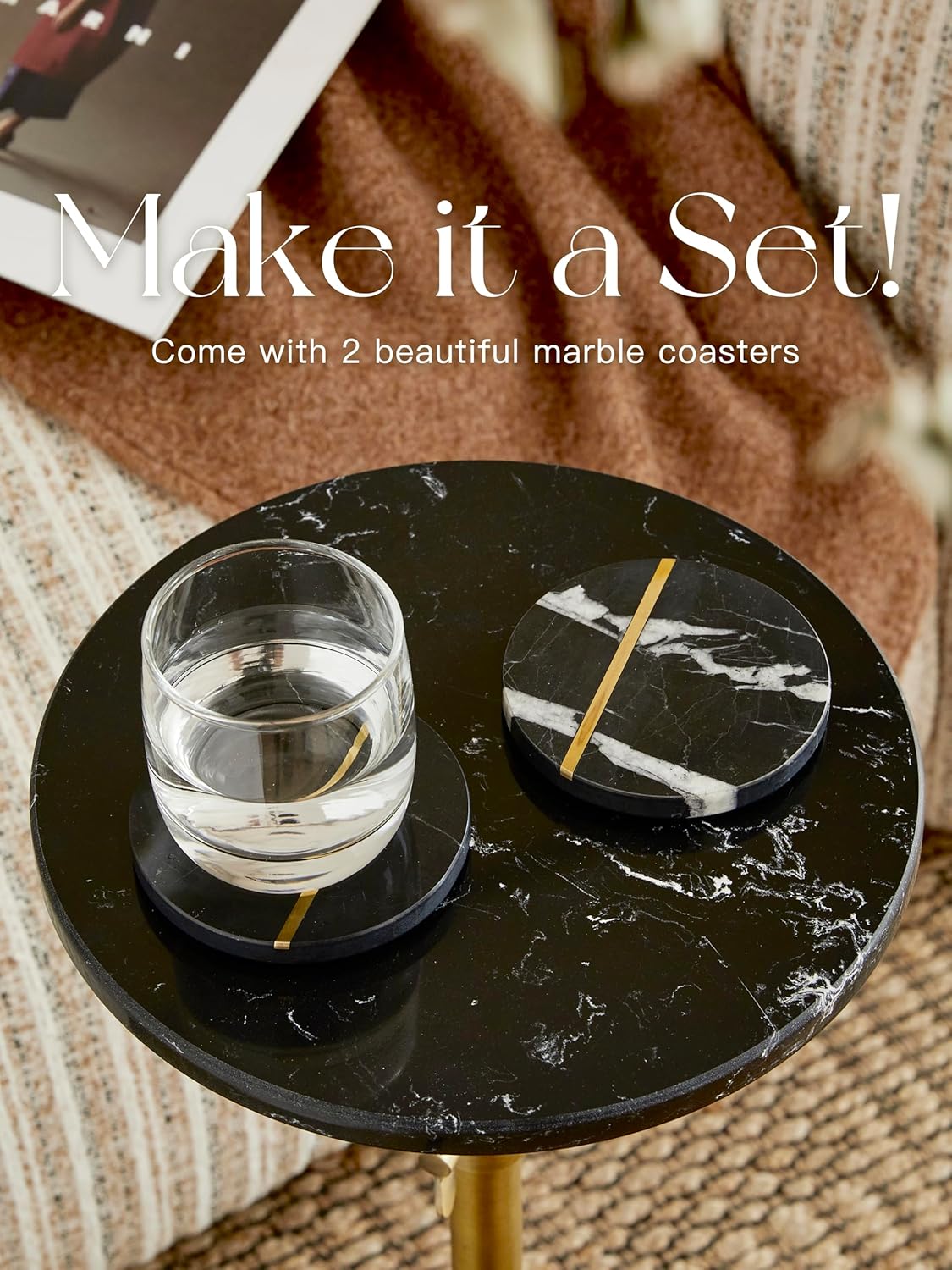 Adjustable-Height Marble Drink Table - 10x10x22-30, Black Marble & Antique Brass, Modern Round End Table, Side Table with Pedestal Stand for Small Spaces, Vintage Metal Martini Cocktail Accent