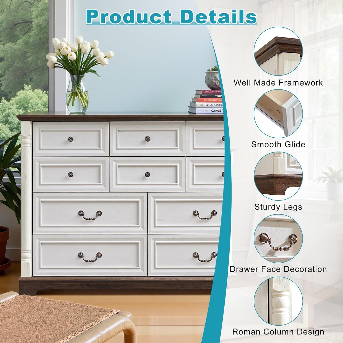 53.54" Farmhouse Sideboard Buffet Cabinet with Storage, Kitchen Buffet Storage Cabinet with 10 Drawers, Modern Wood Accent Sideboard for Living Room, Kitchen, Hallway(Antique White)