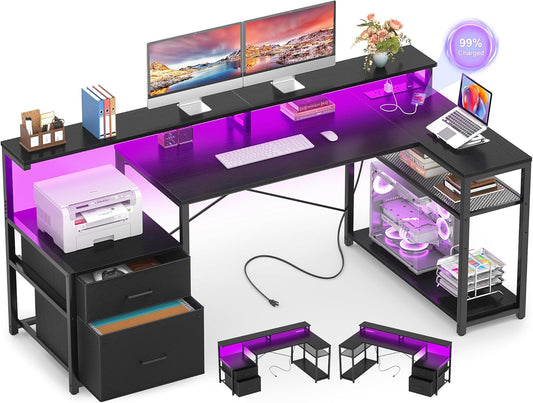 Aheaplus L Shaped Desk with File Drawer, Reversible L Shaped Computer Desk Gaming Desk with Power Outlet & LED Strip, Home Office Desk with Monitor Shelf, Corner Desk with Storage Shelves, Black
