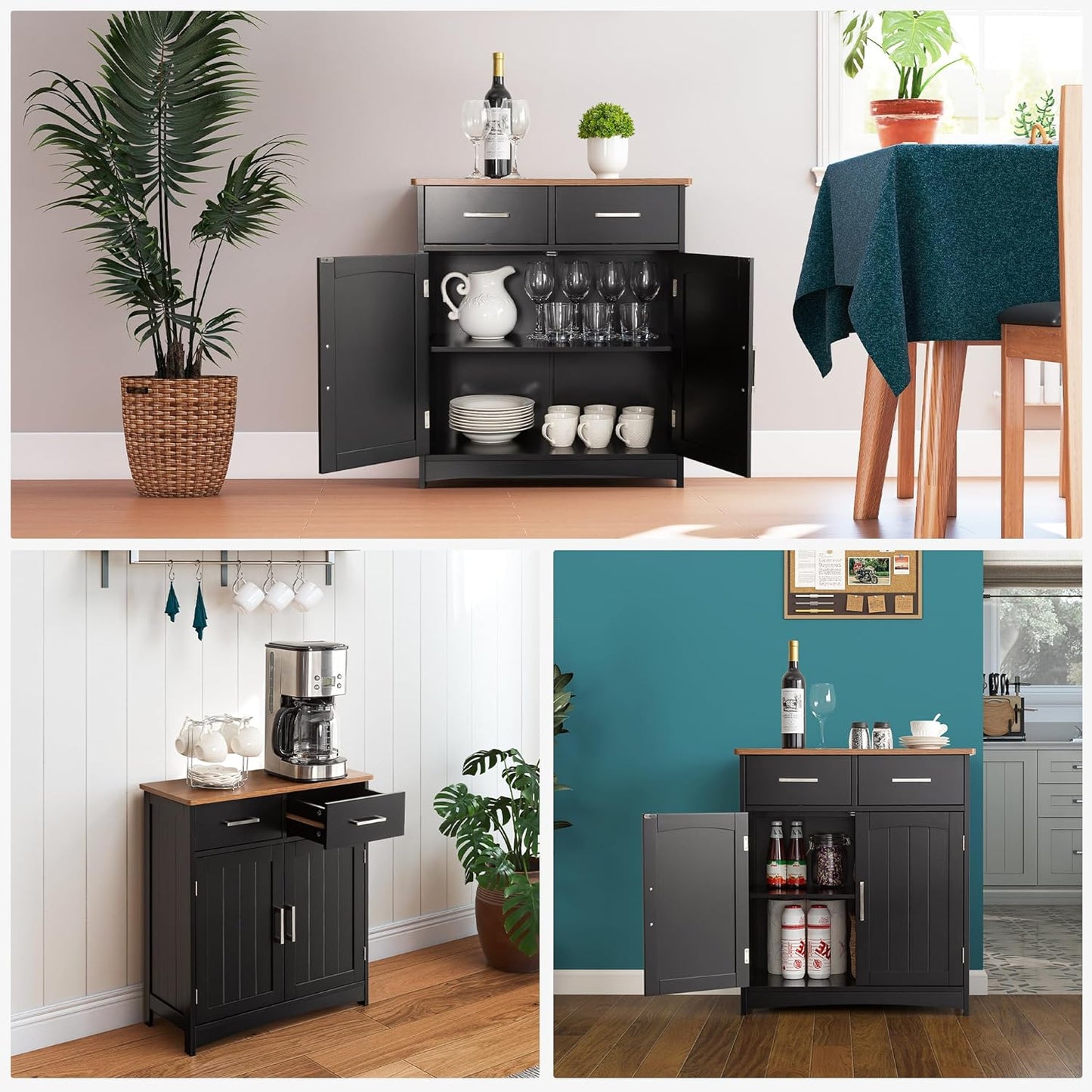 Buffet Cabinet with Storage, Coffee Bar Cabinet 26 x 30 Inches, Oak Top Sideboard Cabinet, Matte Black Finish, Anti-Fall Drawers, Arched Doors, Adjustable Shelves