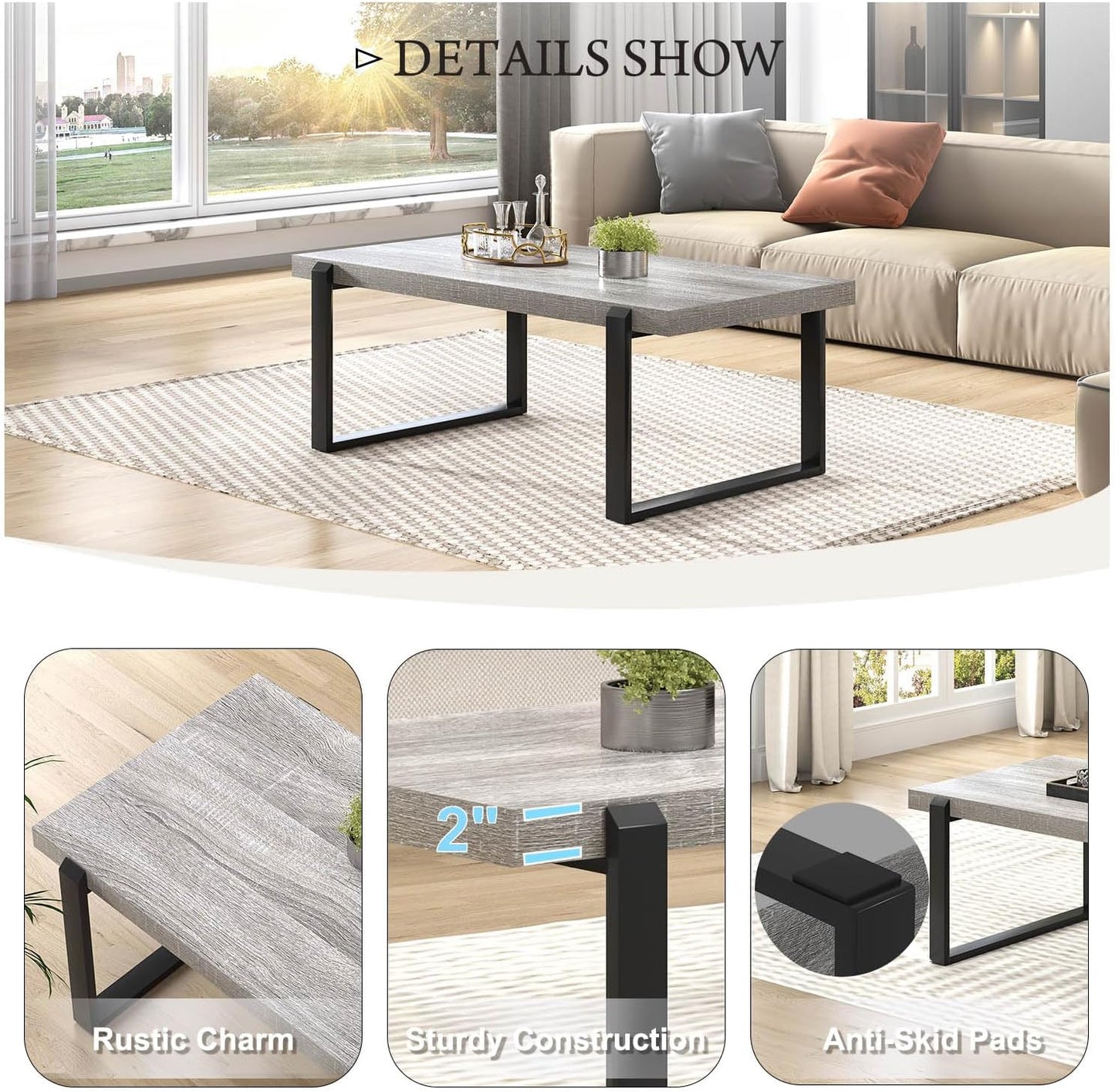 FOLUBAN Modern Coffee Table, Rustic Wood and Metal Center Table, Rectangle Cocktail Tea Table for Living Room, Light Grey, 47 Inch