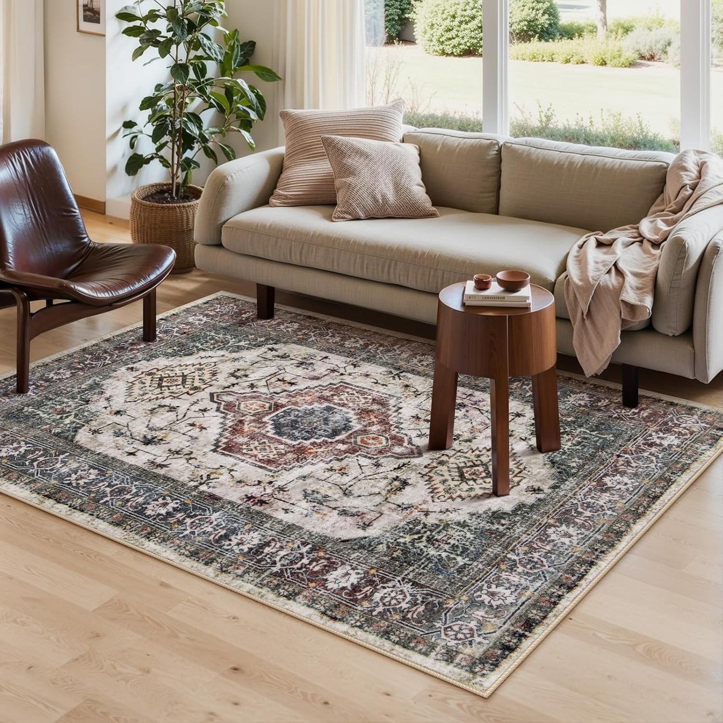 Lahome Oriental Washable Rug, 3x5 Rugs for Bedroom Living Room Entryway, Vintage Ultra-Thin Non-Slip Soft Throw Carpet for Kitchen Office Entrance, Brown/Grey