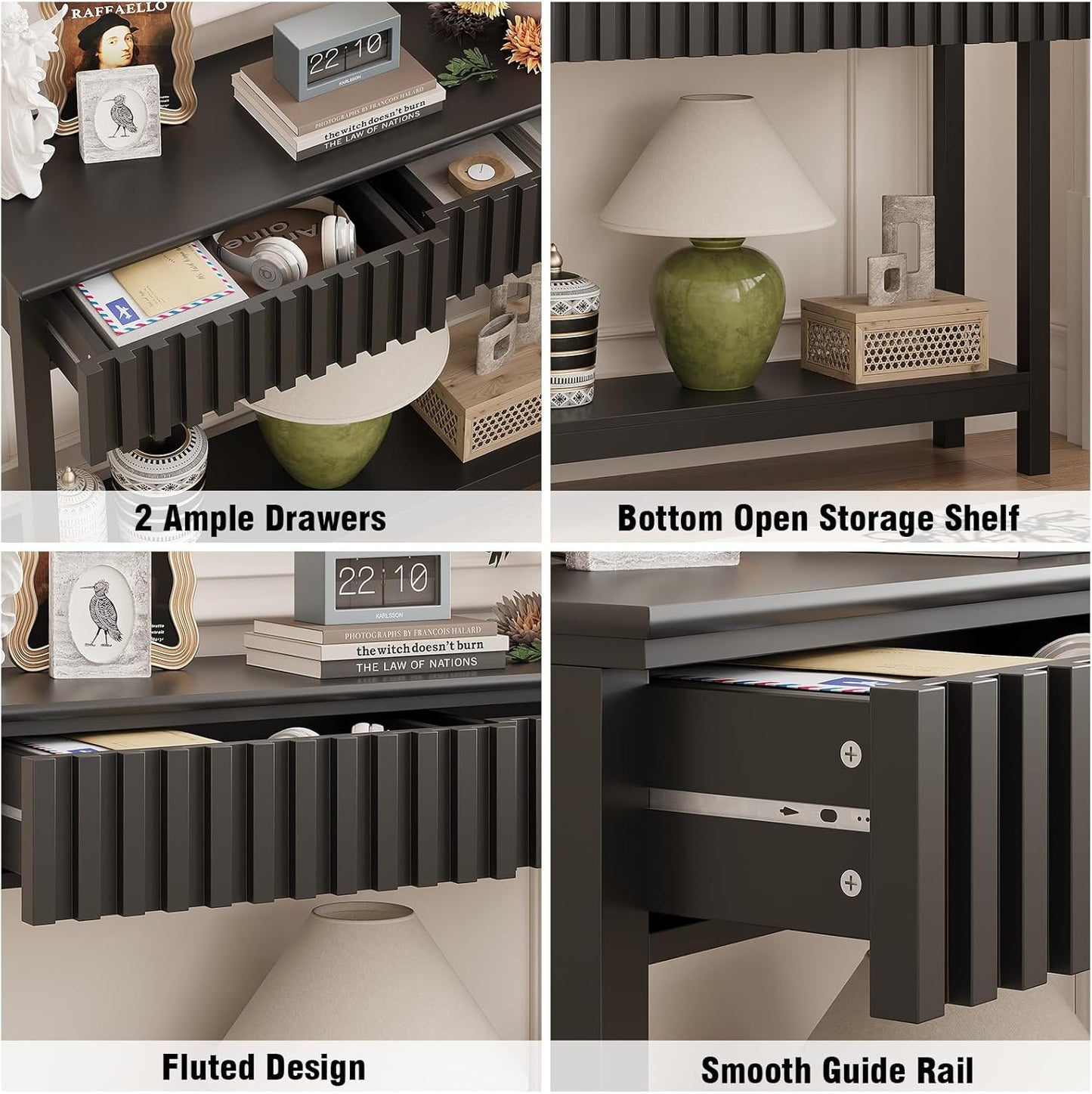 Fluted Console Table with 2 Drawers Narrow Sofa Table with Open Storage Shelf Modern Behind Couch Tables Long Entryway Table for Foyer Hallway