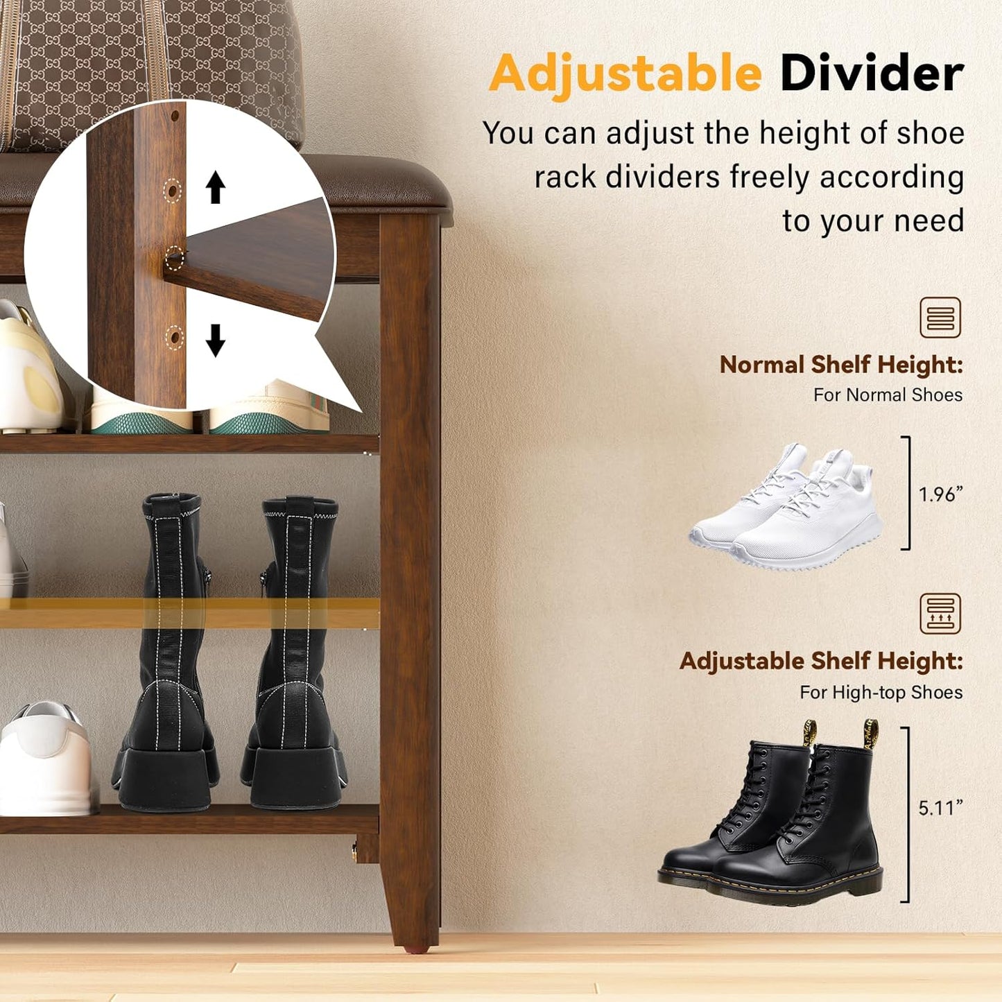 Shoe Rack Bench Entryway Storage with Leather Cushion, Shoe Organizer Bench for Entryway, Ideal for Front Doors Entrances Hallway Mudroom Featuring Rubberwood And 3 Height-Adjustable Removable Shelve