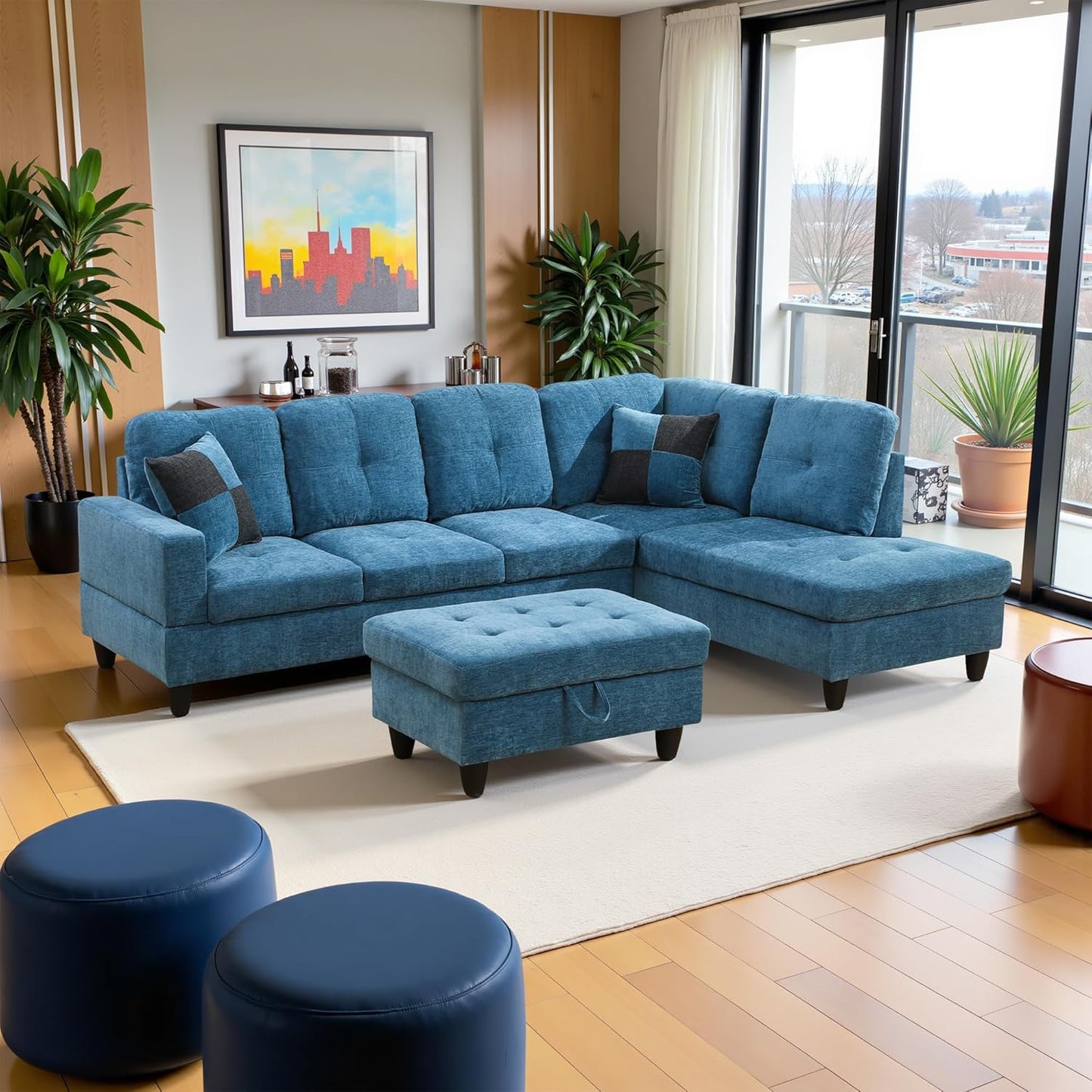 103.5" Oversized Sectional Couch, L Shaped Couch with Storage Ottoman, Modern Modular Sofa with Deep Seat, Sectional Couches for Living Room and Office, Blue (Flannel)