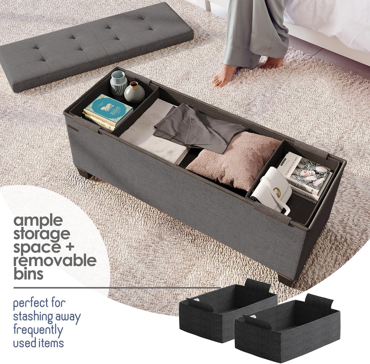 STORAGEBUD Storage Ottoman Bench with Bins, 43-in Storage Bench for Bedroom End of Bed, Folding Foot Rest Ottoman for Living Room Max 660lbs, Fabric Ottomans, Grey