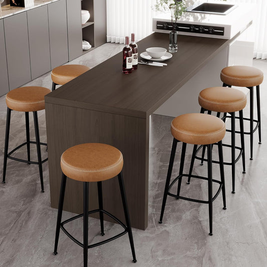 Counter Height Bar Stools, 26" H Backless Bar Stools Set of 6, Upholstered Faux Leather Kitchen Counter Stools, Mid Century Modern, Kitchen Island Home Bar, Pub, Caramel Brown