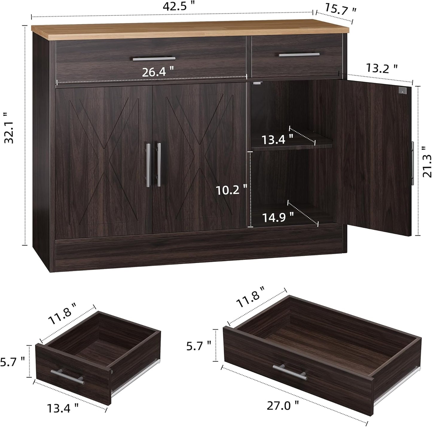 Shintenchi Modern Farmhouse Sideboard Buffet Cabinet,Barn Doors Buffet Cabinet with 2 Drawers & 3 Doors,Wood Coffee Bar Cabinet with Adjustable Shelf for Kitchen Living Room,Brown