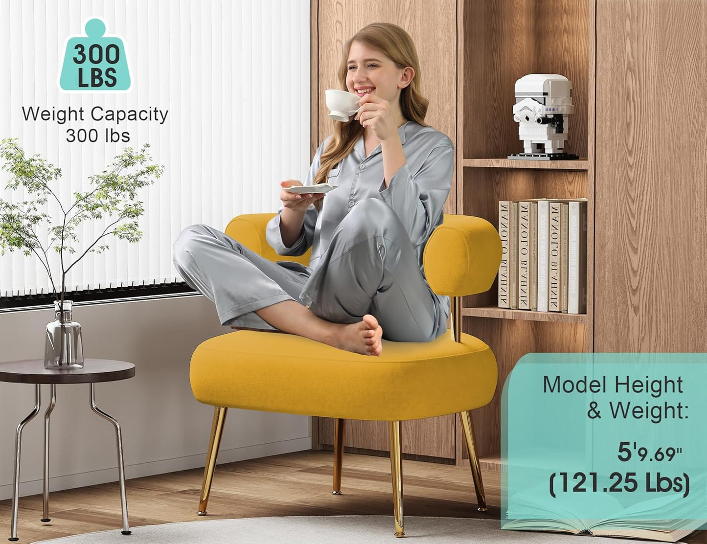 Modern Velvet Accent Chair, Round Upholstered Barrel Armchair for Small Spaces, Fluffy Side Corner Sofa Chair for Living Room, Bedroom(Yellow)