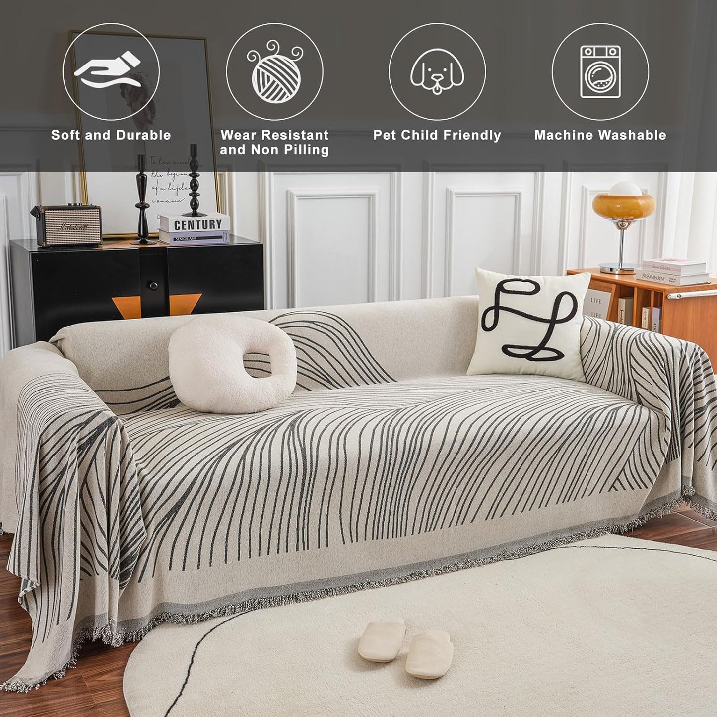 STACYPIK Stylish Striped Sofa Cover for Dogs, Non-Slip Boho Couch Cover for Sectional, Pet-Friendly Furniture Covers for 2 Cushion Couch, Abstract Jacquard Loveaseat Cover Sofa Throw Blanket-71x118IN