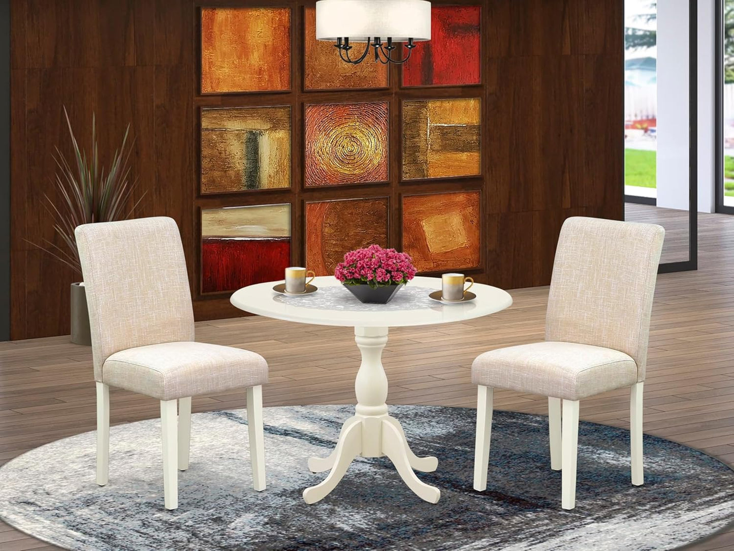 East West Furniture DMAB3-LWH-02 3 Piece Dining Table Set Contains a Round Dining Room Table with Dropleaf and 2 Light Beige Linen Fabric Upholstered Chairs, 42x42 Inch, Linen White
