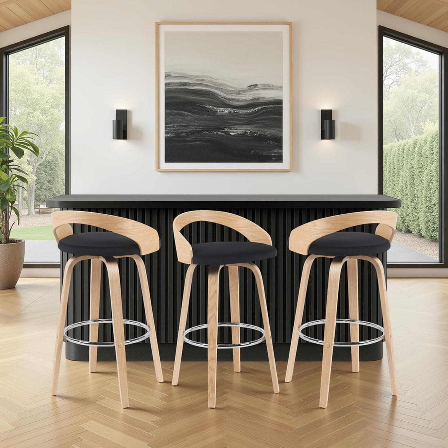 Armen Living Sonia Modern Swivel Bar Height Stool with Black Upholstered Seat and Patterned Oak Wood Finish