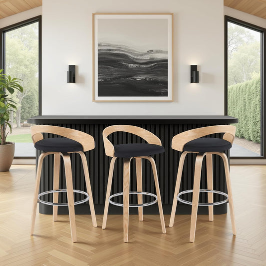 Sonia Modern Swivel Bar Height Stool with Black Upholstered Seat and Patterned Oak Wood Finish Set of 4