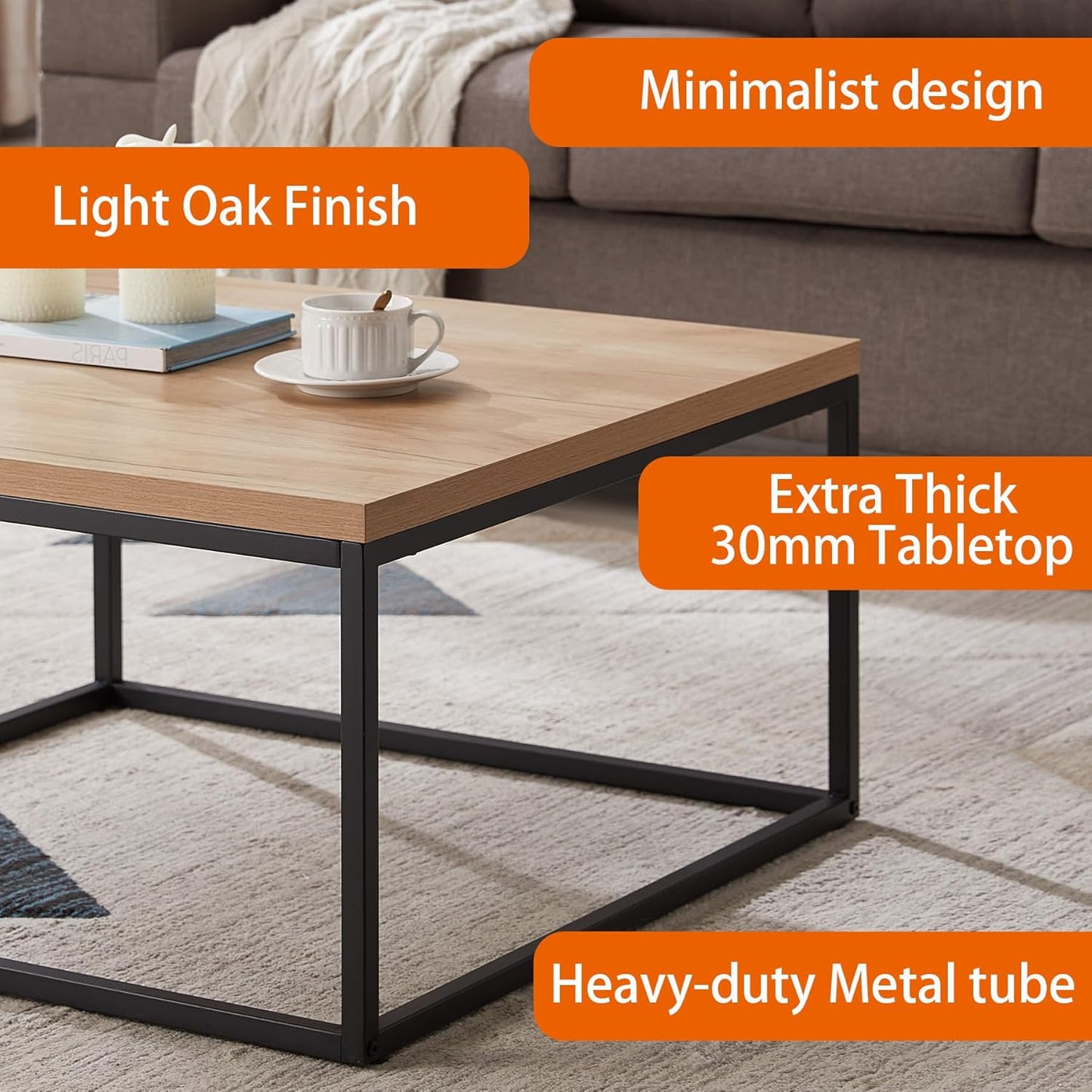 CENSI 40-Inch Natural Oak Accent Coffee Table Ottoman for Living Room, Rectangle, Mid-Century Modern Industrial Style, Extra Thick Top, Light Wood and Metal (Oak)