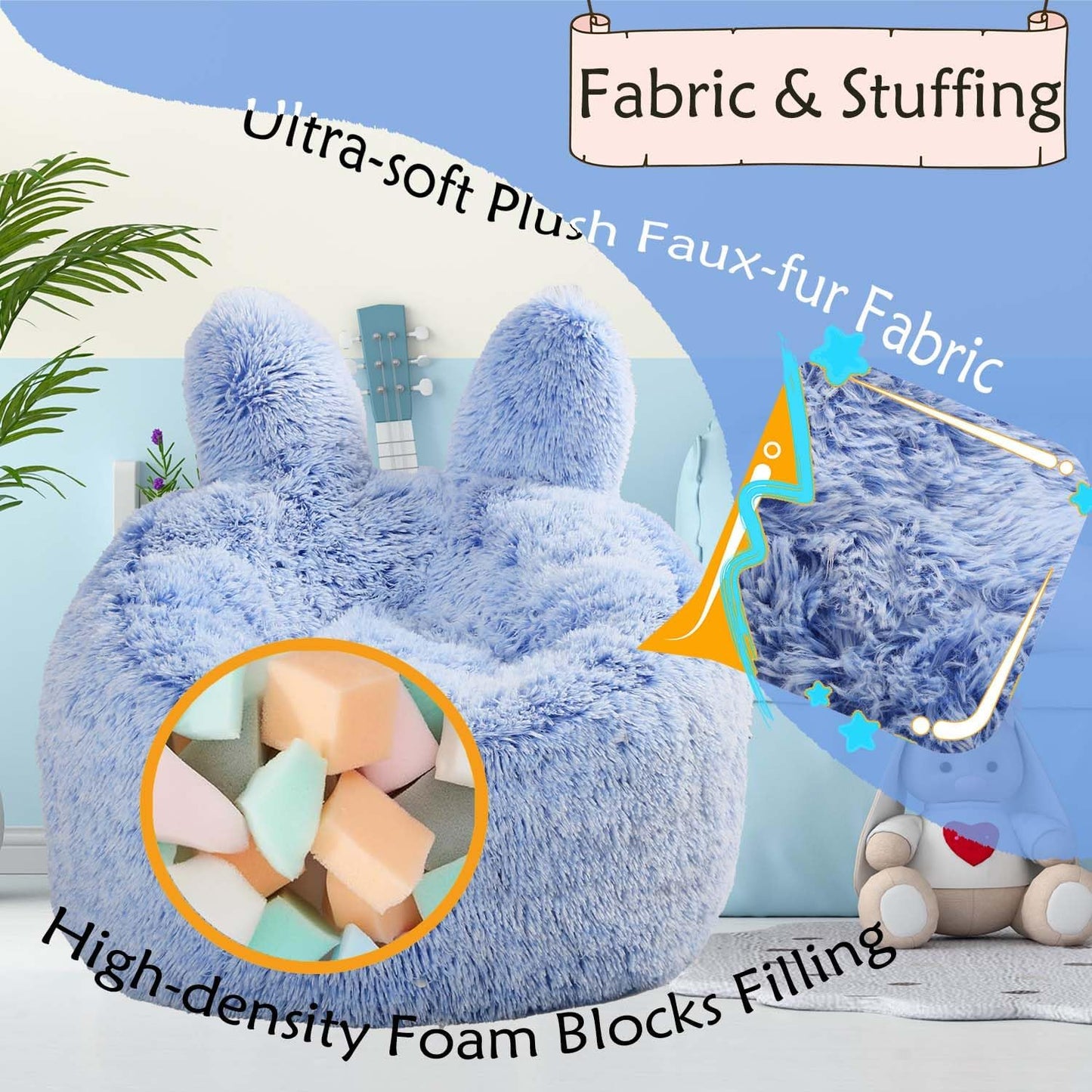 Bean Bag Chair for Kids with Plush Faux Fur Cover, 2.5FT Memory Foam Filled Bean Bag for Teens & Kids, Lazy Sofa for Living Room/Bedroom/Dorm, Rabbit-Ears Design