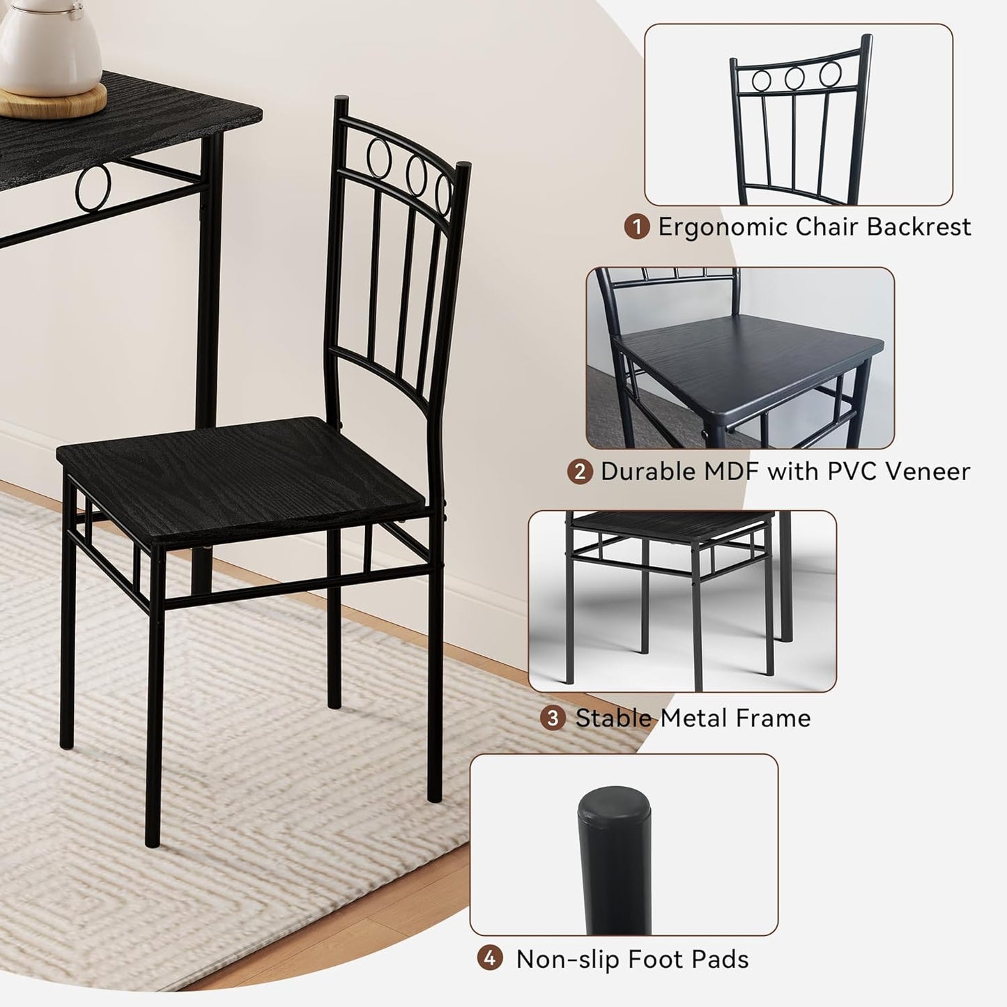 Vipbear Kitchen Dining Table Set for 4, 5-Piece Kitchen Table Set,Dining Room Table Sets,Rectangular Kitchen Table Set with 4 Chairs for Small Space, Dinette,Apartment,Rustic Black