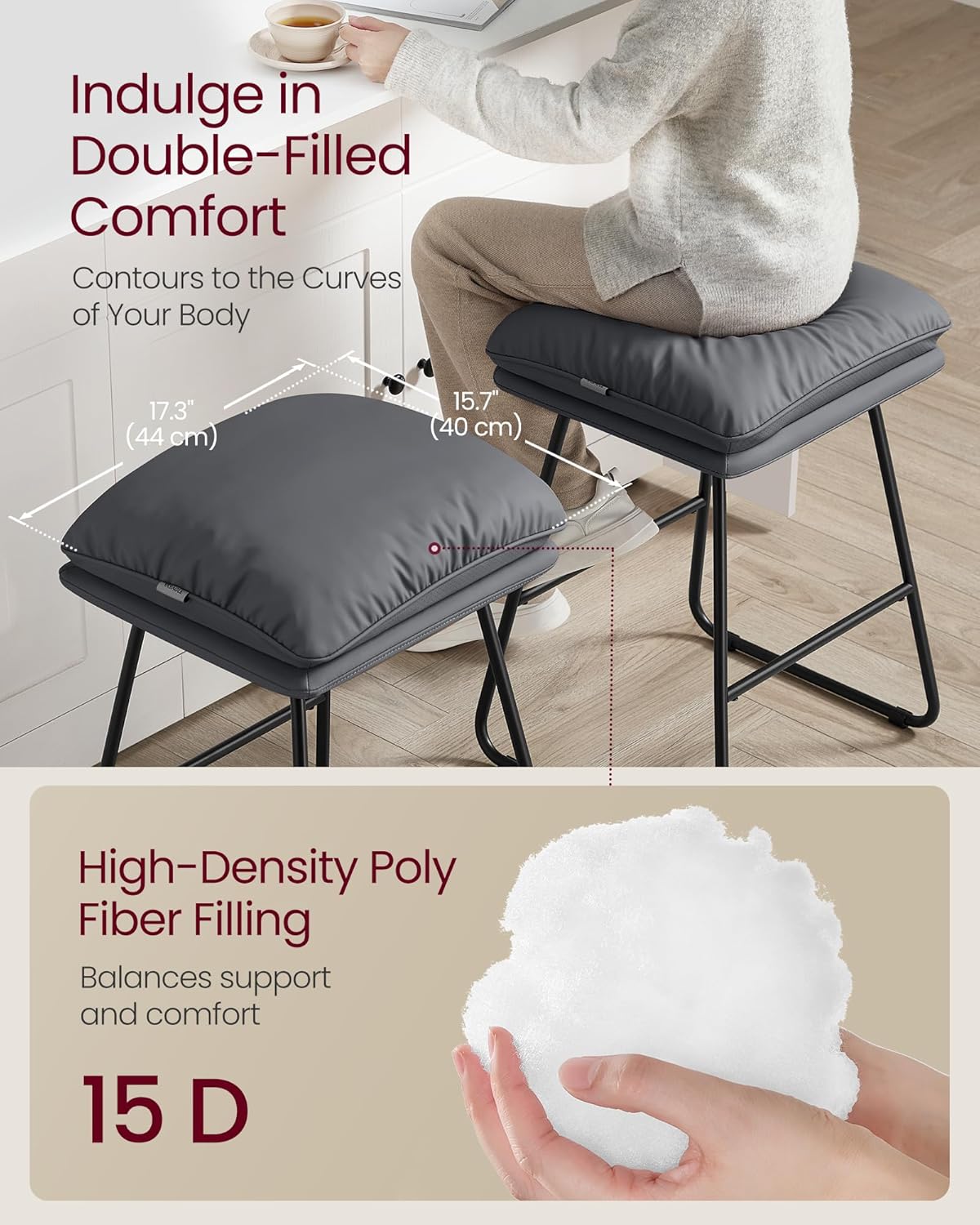 VASAGLE Bar Stools Set of 2, Counter Height Bar Stools, Leather Counter Stools Barstools with Soft Cushion and Metal Sled Legs, 25.6 Inches Bar Height Bar Chairs for Kitchen Island, Slate Gray