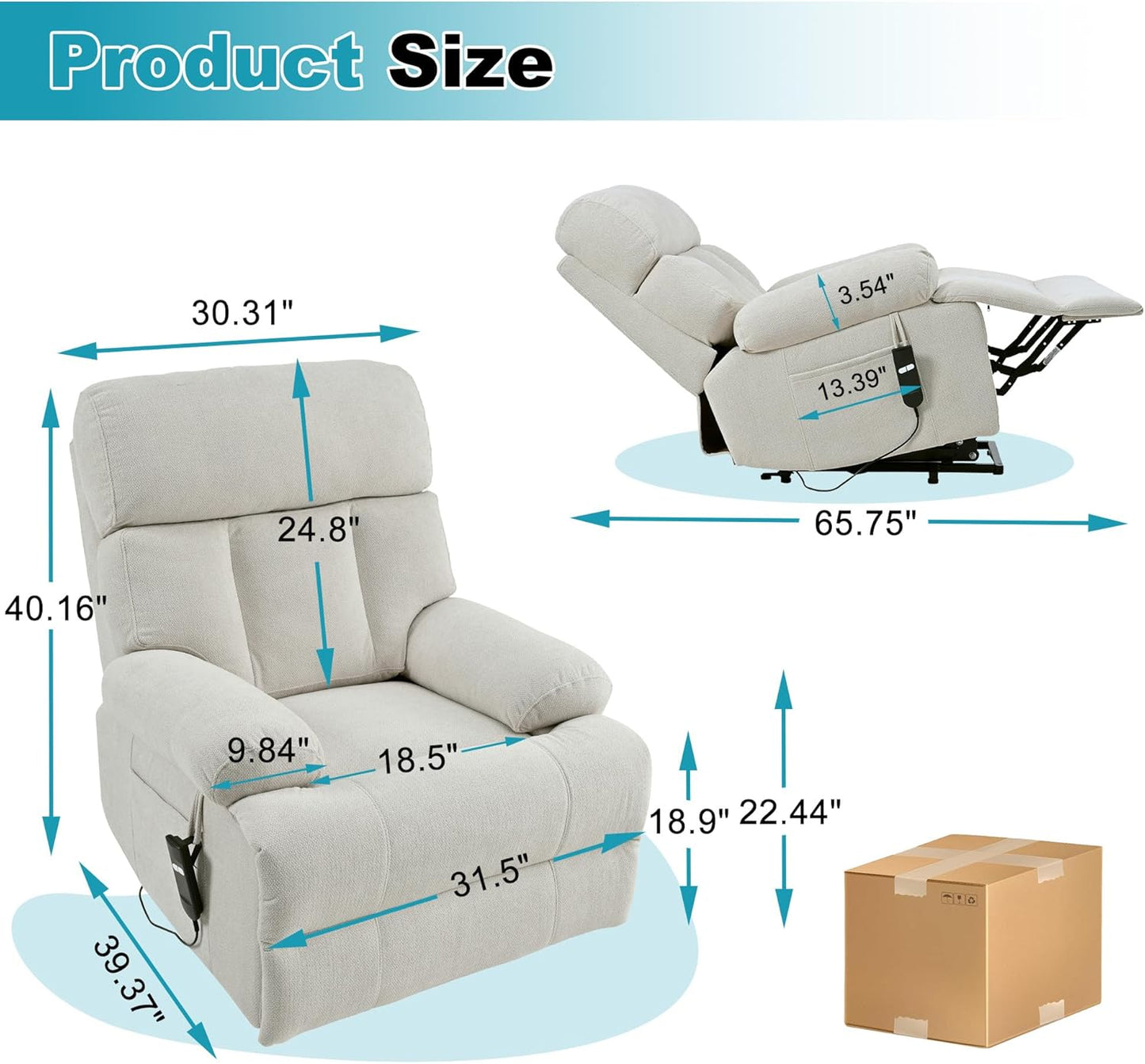 Recliner Chair Power Lift Massage Chair Full Body 23" Large Size Electric Recliner with Seniors, Home Theater Seating with Remote Control, Side Pocket, Spacious Seat, Light Gray