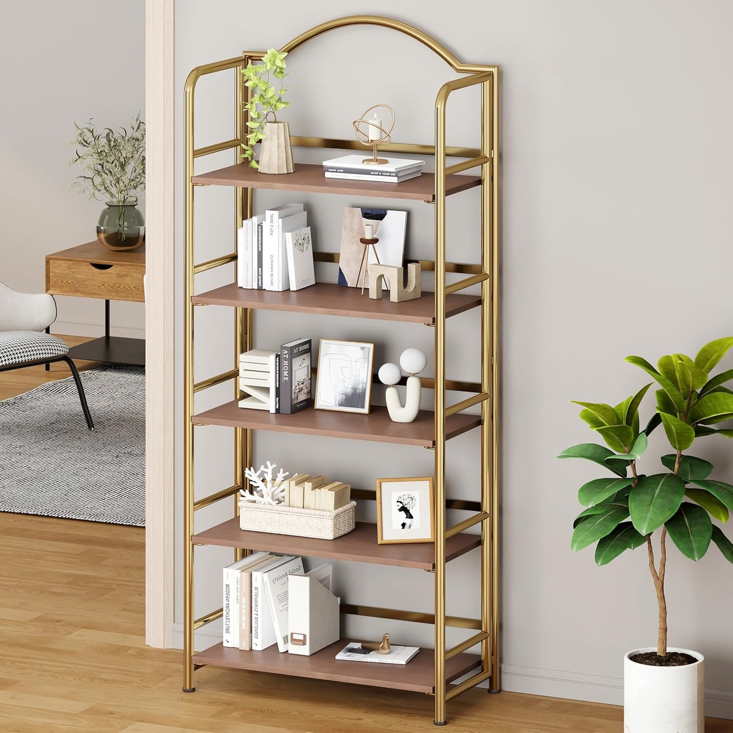 No-Assembly Gold Folding Bookshelf Storage Shelves 5 Tiers Vintage Multifunctional Plant Flower Stand Storage Rack Shelves Bookcase for Home Office