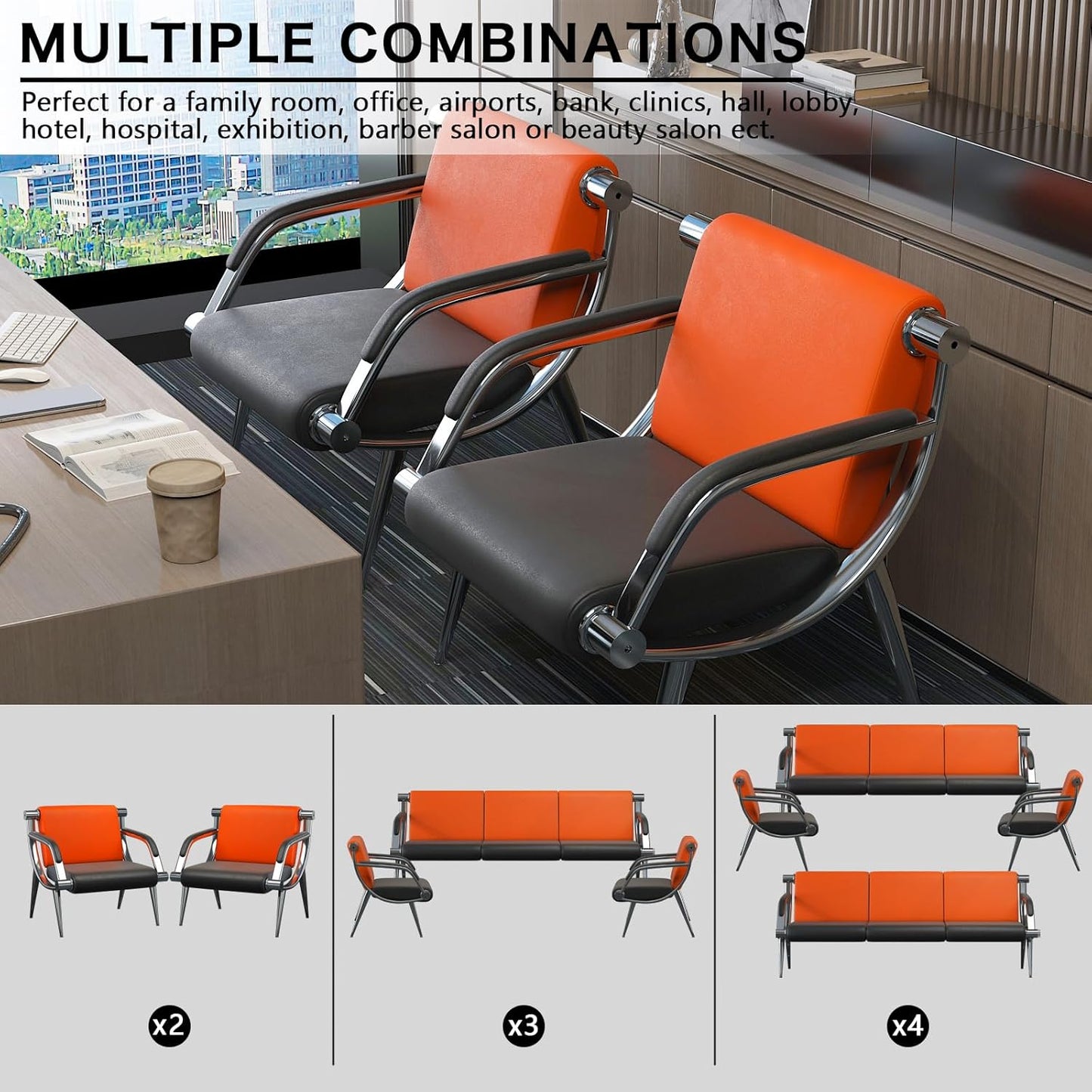 wonline Waiting Room Chair with Armrest PU Leather Office Furniture, Office Guest Seating Lobby Conference Reception Chairs for Airport Clinic Hospital Bank Salon Barber(Orange&Black)