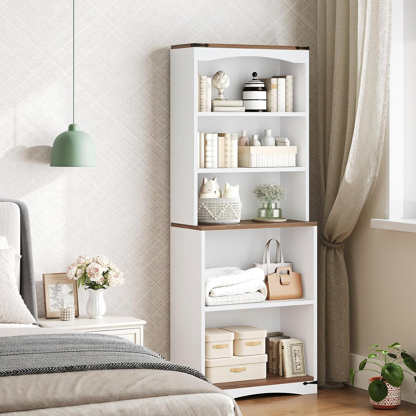 Tall Bookcase and Bookshelf, 6-Tier Bookcase with Storage, 63" Wooden Bookshelf, Farmhouse Freestanding Display Storage Shelves for Home Office, Living Room, White and Natural SJ09WH