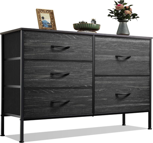 WLIVE Dresser for Bedroom with 5 Drawers, Wide Dressers with Drawer Organizers, Chest of Drawers, Fabric Dresser for Living Room, Closet, Hallway, Charcoal Black Wood Grain Print