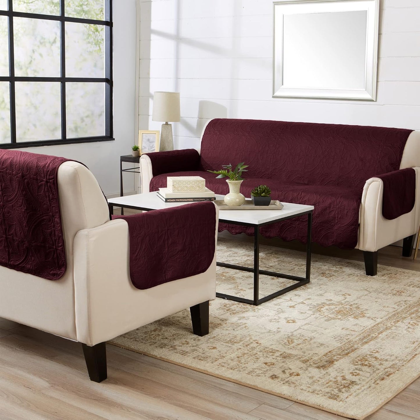 Medallion Stitched Solid Furniture Protector Stain Resistant Durable Furniture Protector Elenor Collection (Chair, Wine/Light Grey)