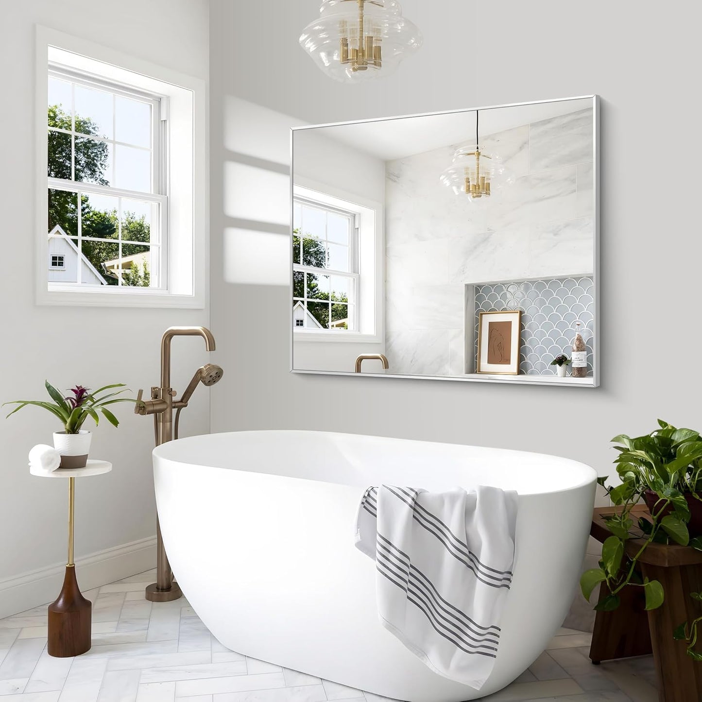 BONEWEI Silver Bathroom Mirror,40x48 inch Wall Mirror for Bathroom Wall Mounted,Large Rectangle Mirror for Bathroom Over Sink,Modern Metal Frame for Living Room,Bedroom Entryway,Horizontal/Vertical