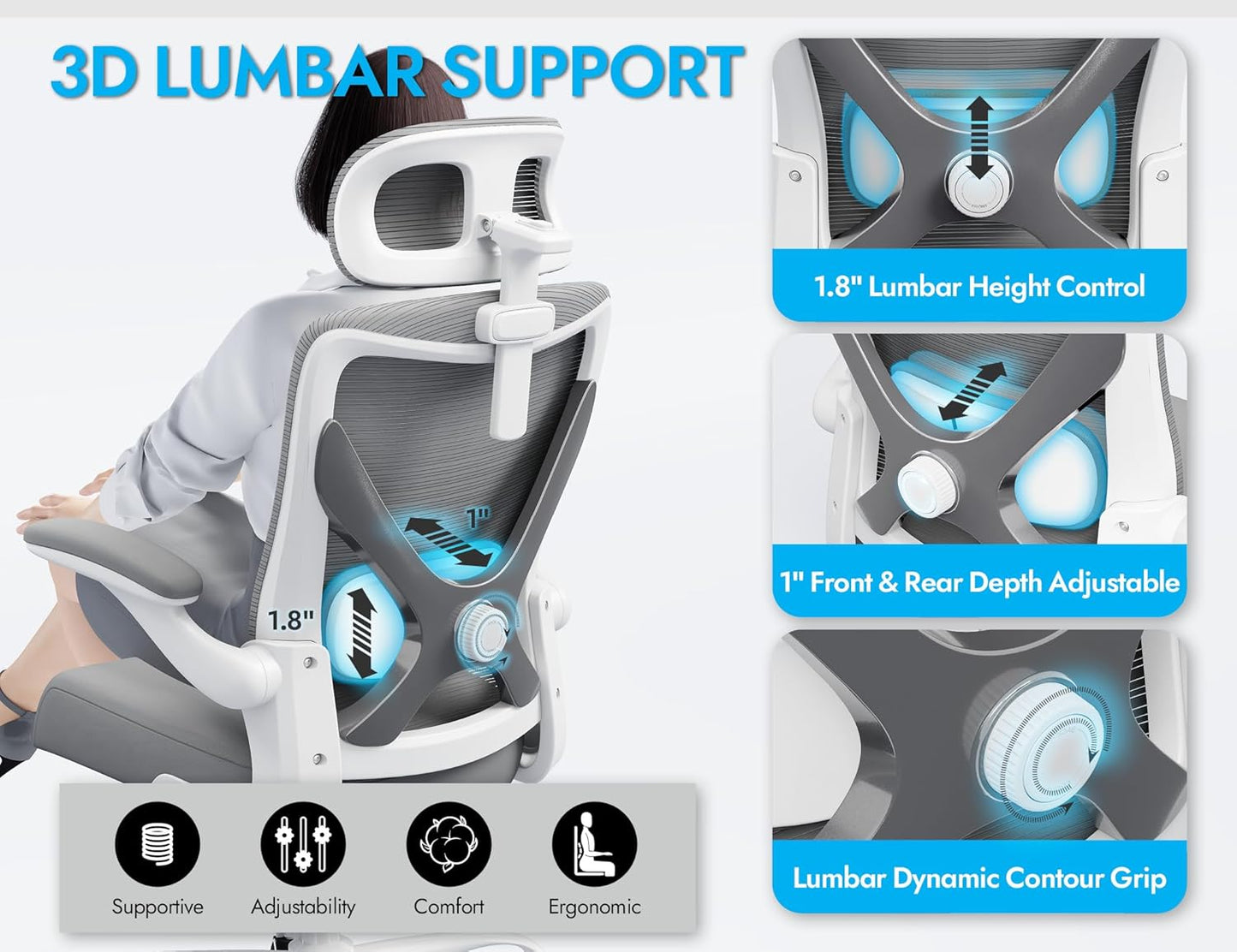 Ergonomic Office Chair - X-Shaped Computer Desk Chair Comfy, Gaming Chair, Office Chair with Lumbar Support, Mesh Office Chairs with Headrests, Desk Chair for Long Hours (White Ash)