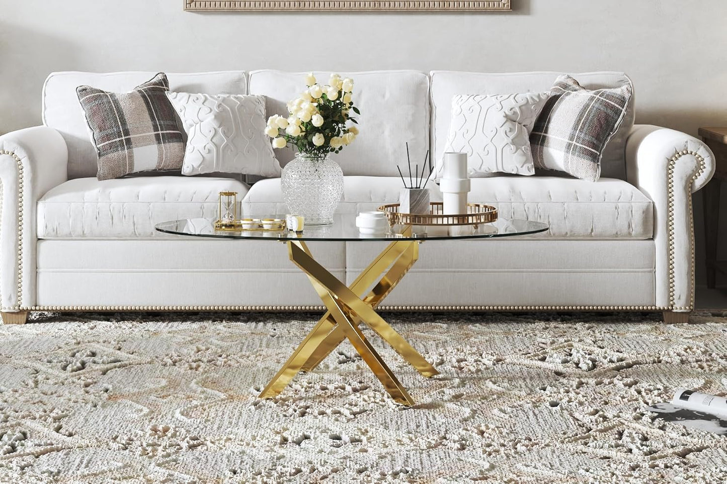 Glass Coffee Table with Chromed Legs, Oval Modern Living Room Center Table for Home Office Living Room (Gold)