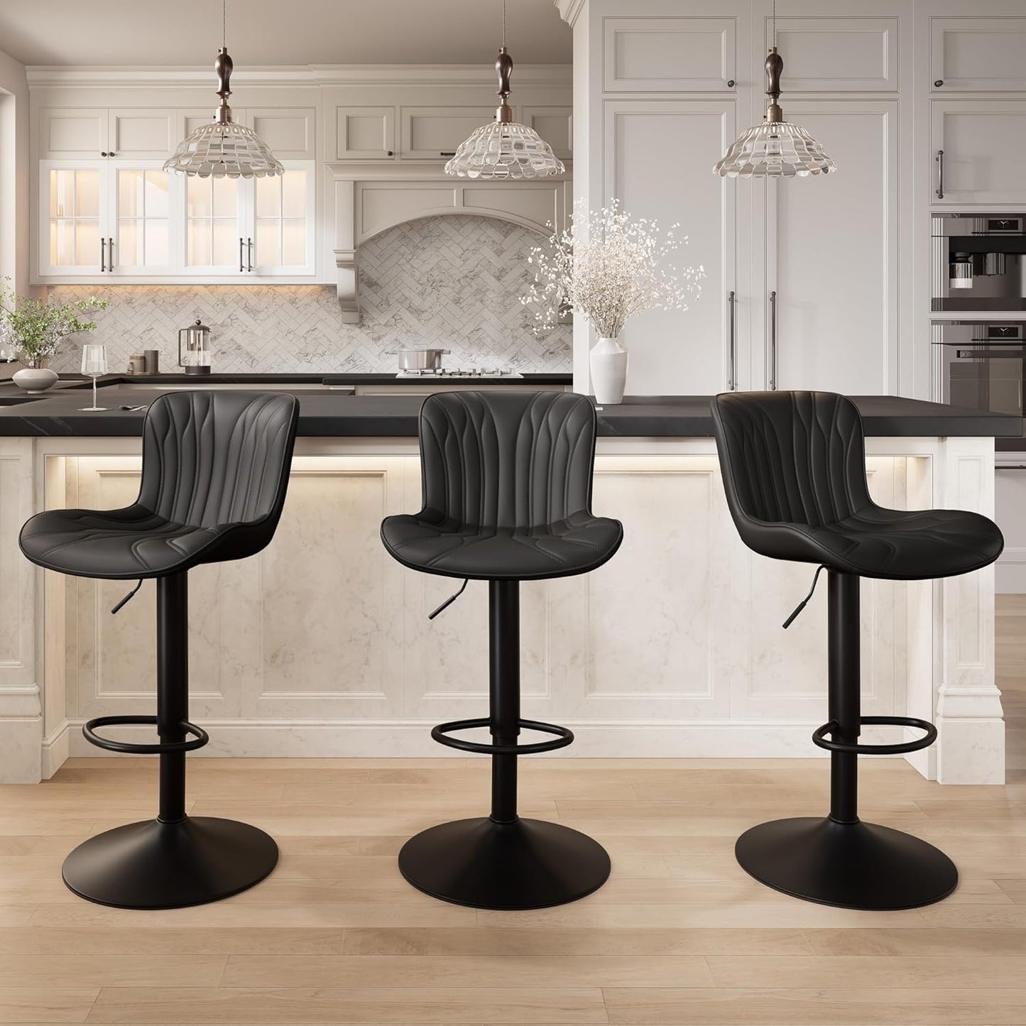YOUNIKE 3 Black Bar Stools Modern Swivel Counter Height Bar Chair with Back Adjustable Kitchen Island Faux Leather Padded Barstools taburetes de bar Breakfast sillas para barra de cocina 3PCS