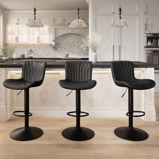 YOUNIKE 3 Black Bar Stools Modern Swivel Counter Height Bar Chair with Back Adjustable Kitchen Island Faux Leather Padded Barstools taburetes de bar Breakfast sillas para barra de cocina 3PCS
