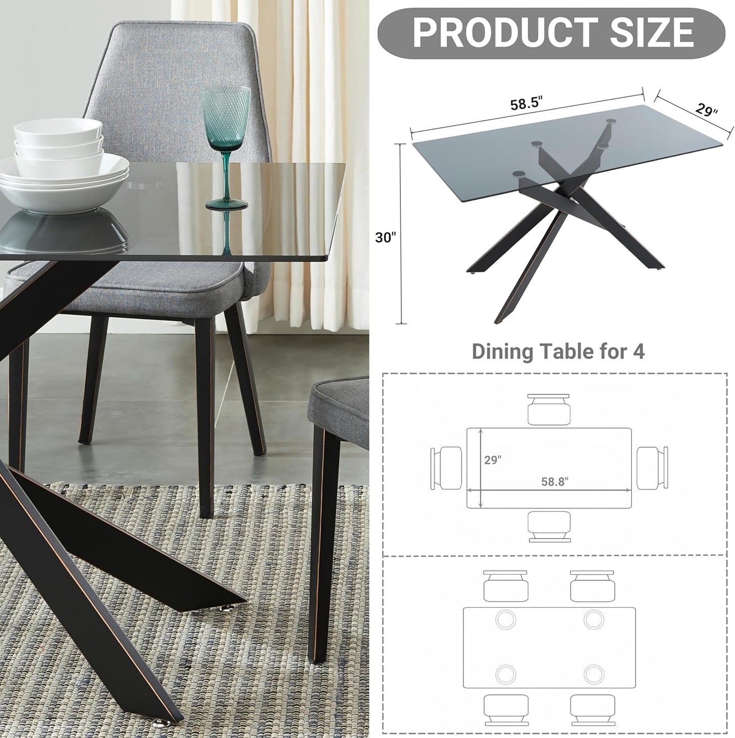 Modern Style Dining Table with Gray Tempered Glass Top and Black Metal Tubular Legs, 58.5”Lx29”Wx30”H
