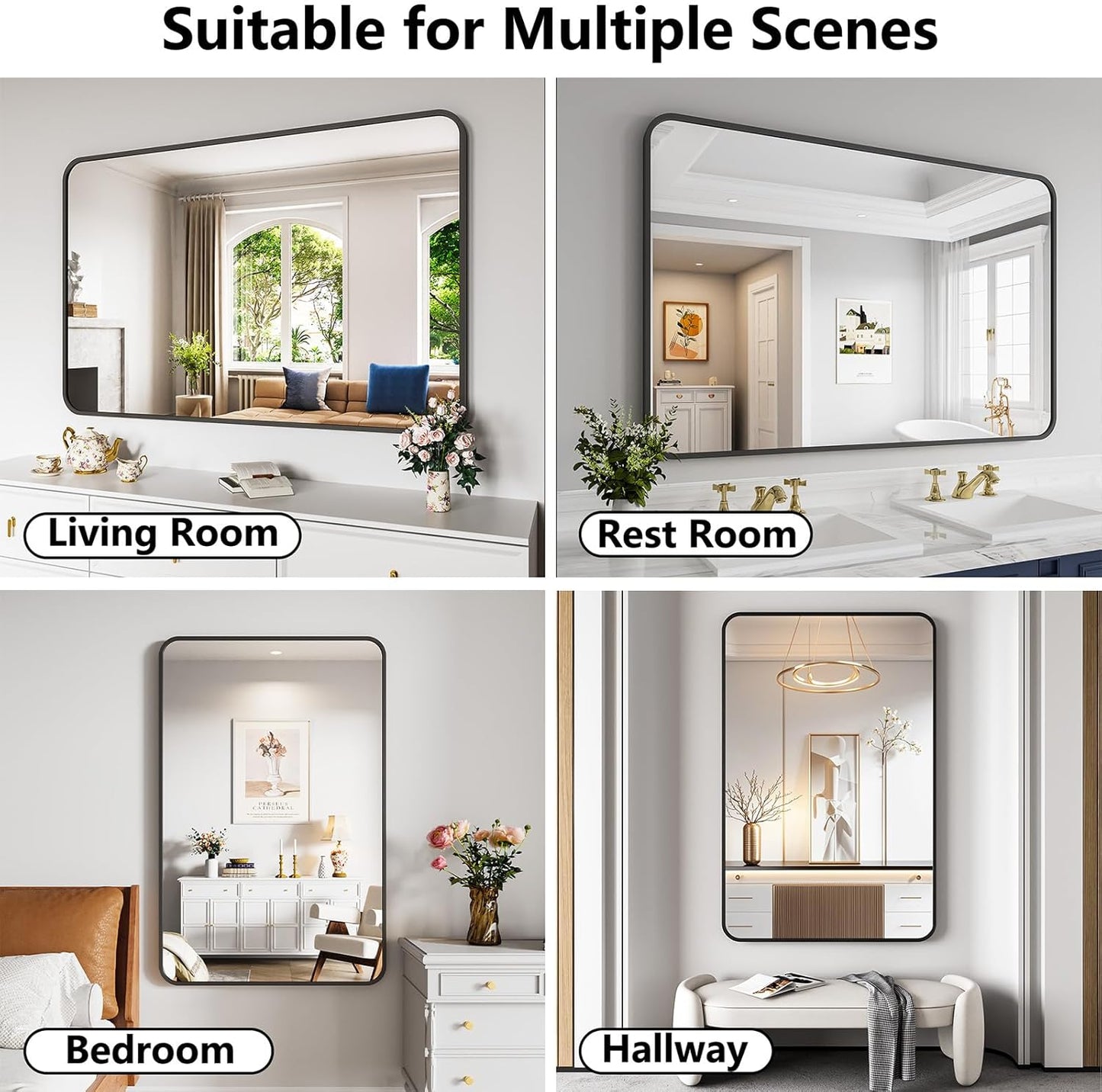 Koonmi Bathroom Mirror, 36X55 Inch Black Metal Framed Mirror for Bathroom, Tempered Glass, Anti-Rust, Rounded Rectangle Mirror for Restroom, Bedroom, Black