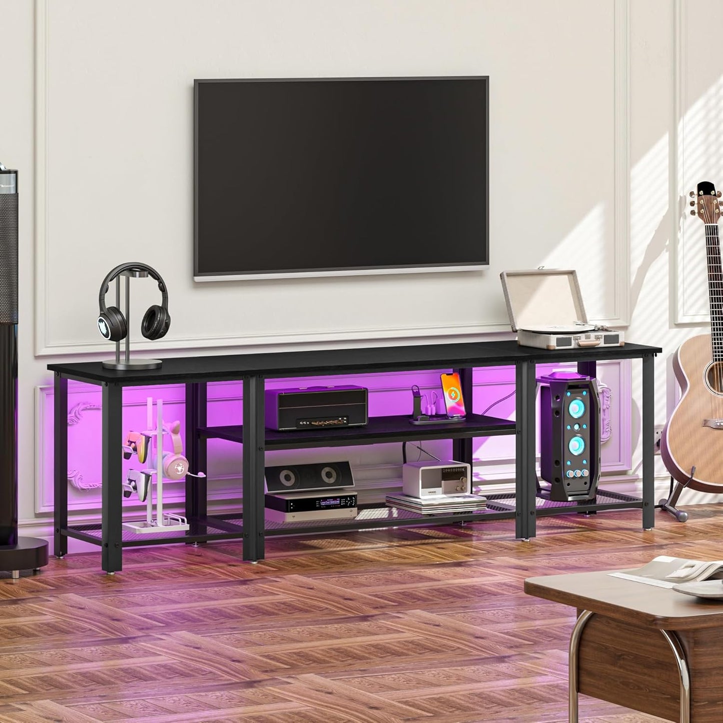 WelFurGeer Industrial Metal TV Stands with RGB LED Lights & Built-in Power Outlets - Modern TV Entertainment Center for Living Room, Open Grid Design TV Console with Storage (Black)