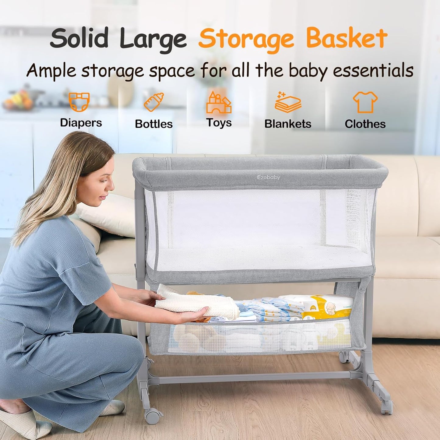 Ezebaby Bedside Bassinet for Baby, Portable Baby Bassinet Bedside Sleeper for Newborn Infants with Wheels Storage Basket, Adjustable 7 Heights and All Mesh Sides