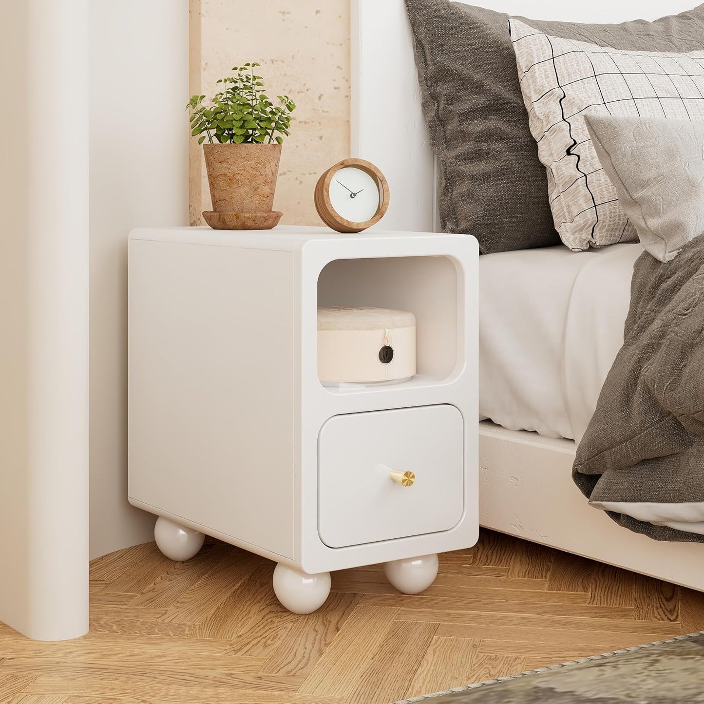 Solid Wood Night Stand, Narrow Nightstand with Drawers, White Mid Century Modern Nightstand, Small Beside Table with Open Storage Shelf for Bedroom (10 inch)