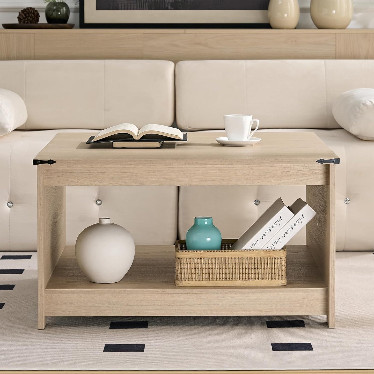 Farmhouse Coffee Table for Living Room, Wood Square Coffee Tables, 31.5" D x 31.5" W, Natural Oak