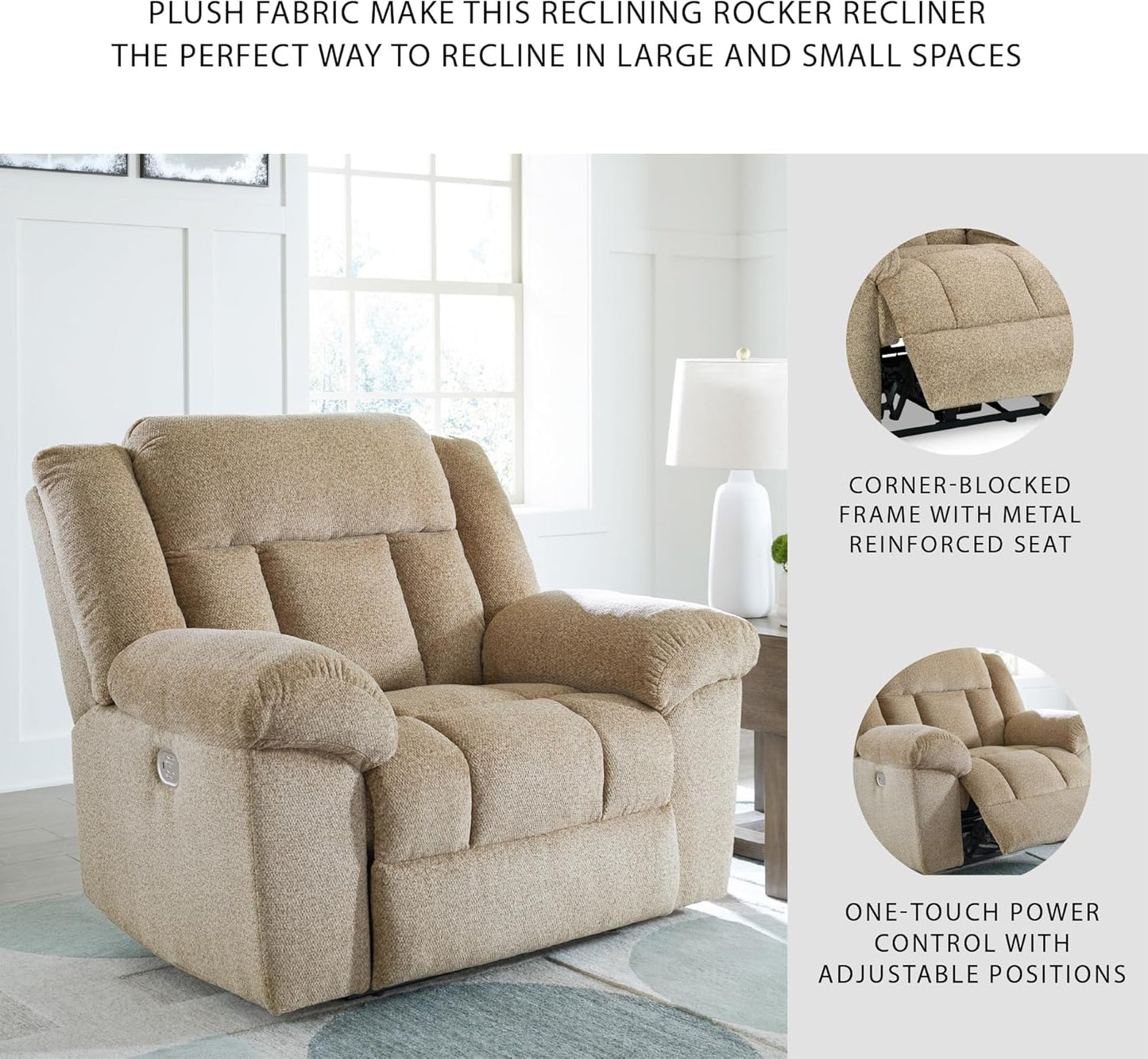 Signature Design by Ashley Tip-Off Classic Wall Hugger Power Recliner with Adjustable Headrest and USB Ports, Light Brown