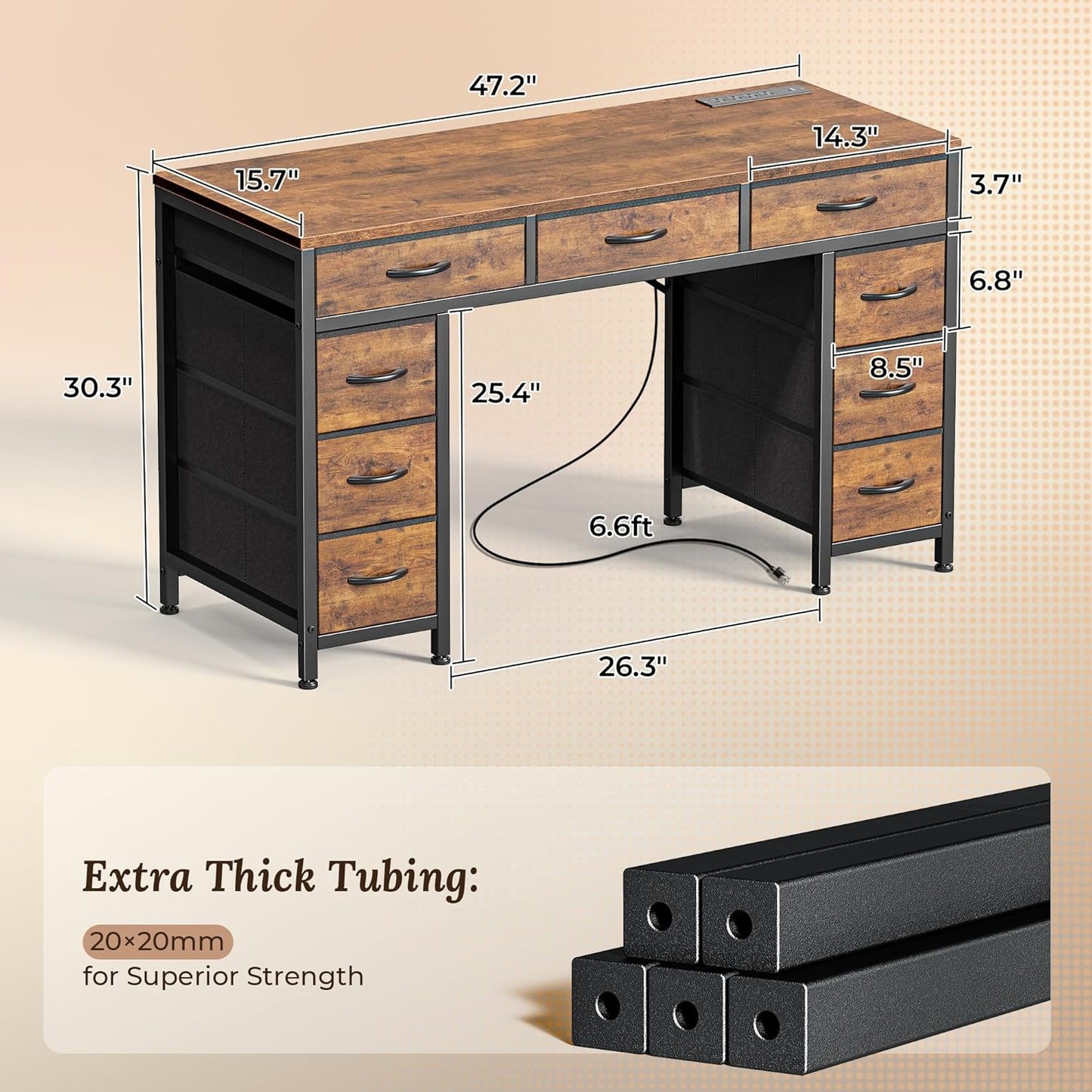 PRAISUN 47 Inch Office Desk with Outlets, Computer Desk with 9 Fabric Drawers, Writing Gaming Work Study Desk for Bedroom, Living Room, Home Office, Large Storage, Rustic Brown