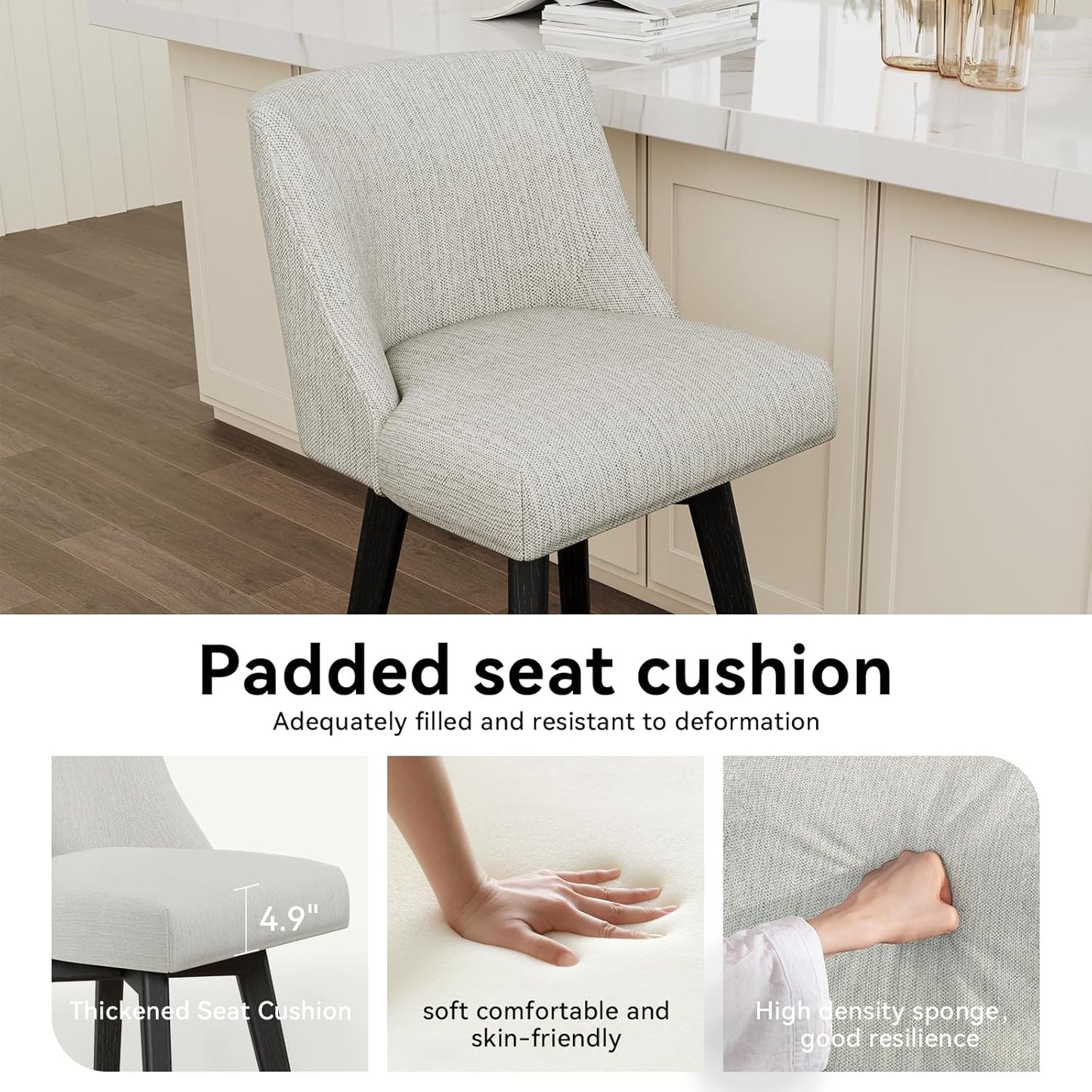 Vipbear Swivel Counter Height Bar Stools Set of 2,26.8" H Counter Stools with Back, Mid Century Modern Bar Stools for Kitchen Island,Linen Fabric,Wooden Base, White