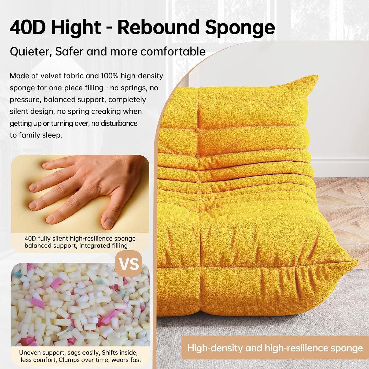 Bean Bag Chairs for Adults, BeanBag Reading Chair Memory Foam Couch, Floor Chair Soft Teddy Material, Comfy Reading Nook Chairs for Bedroom Living Room Office (Yellow)