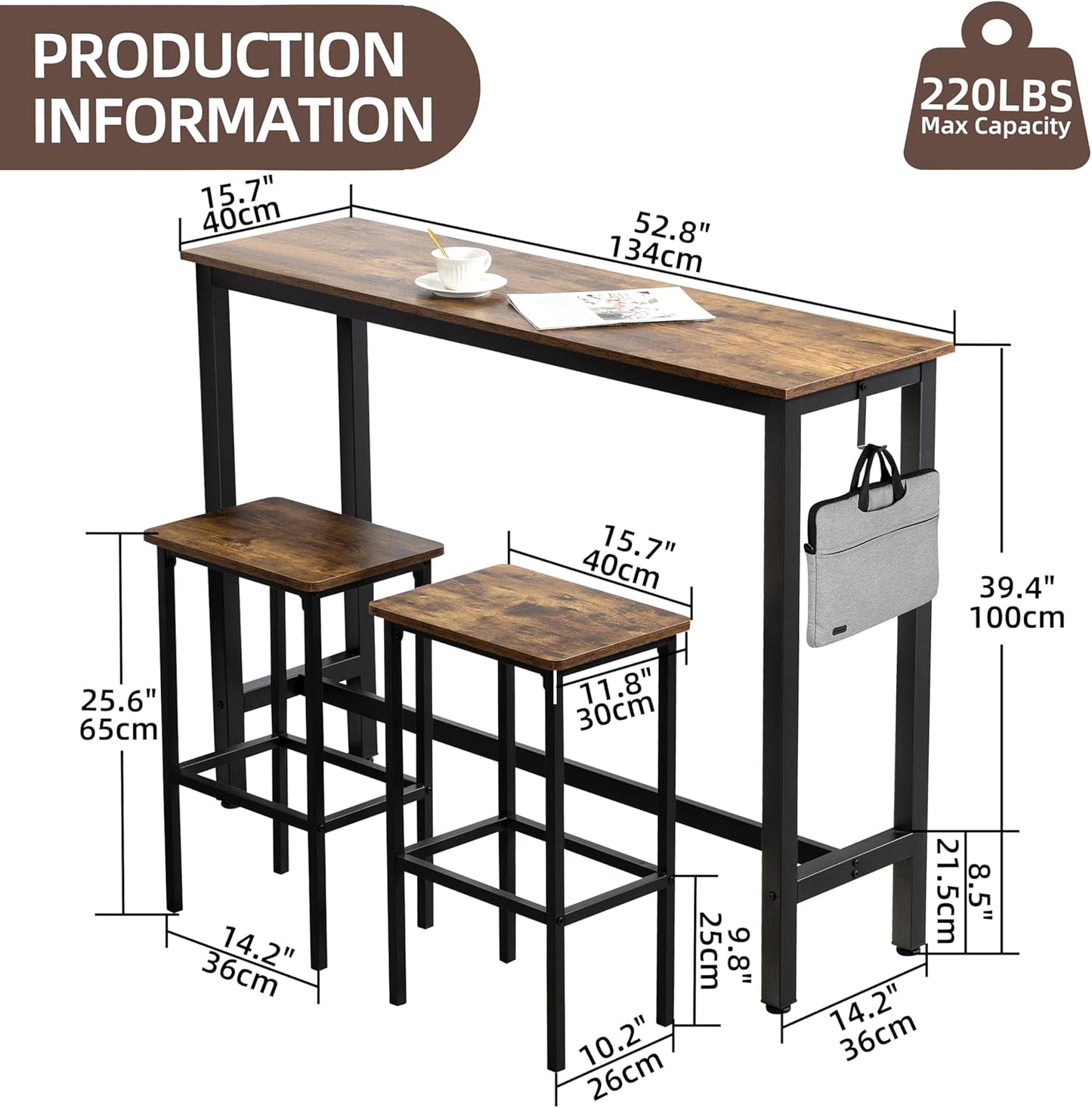 Finnhomy 52.7" Industrial Bar Table Set with 2 Stools - Counter Height Dining & Pub Table for Small Spaces, Kitchen, Apartment, Breakfast Nook - Metal & Wood, Space-Saving Furniture - Rustic Brown