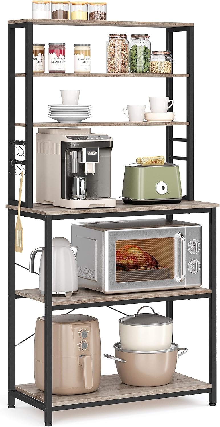 VASAGLE Coffee Bar, 31.5 Inches Baker's Rack for Kitchen with Storage, 6-Tier Kitchen Shelves with 6 Hooks, Microwave Stand, Industrial, Greige and Black UKKS019B02