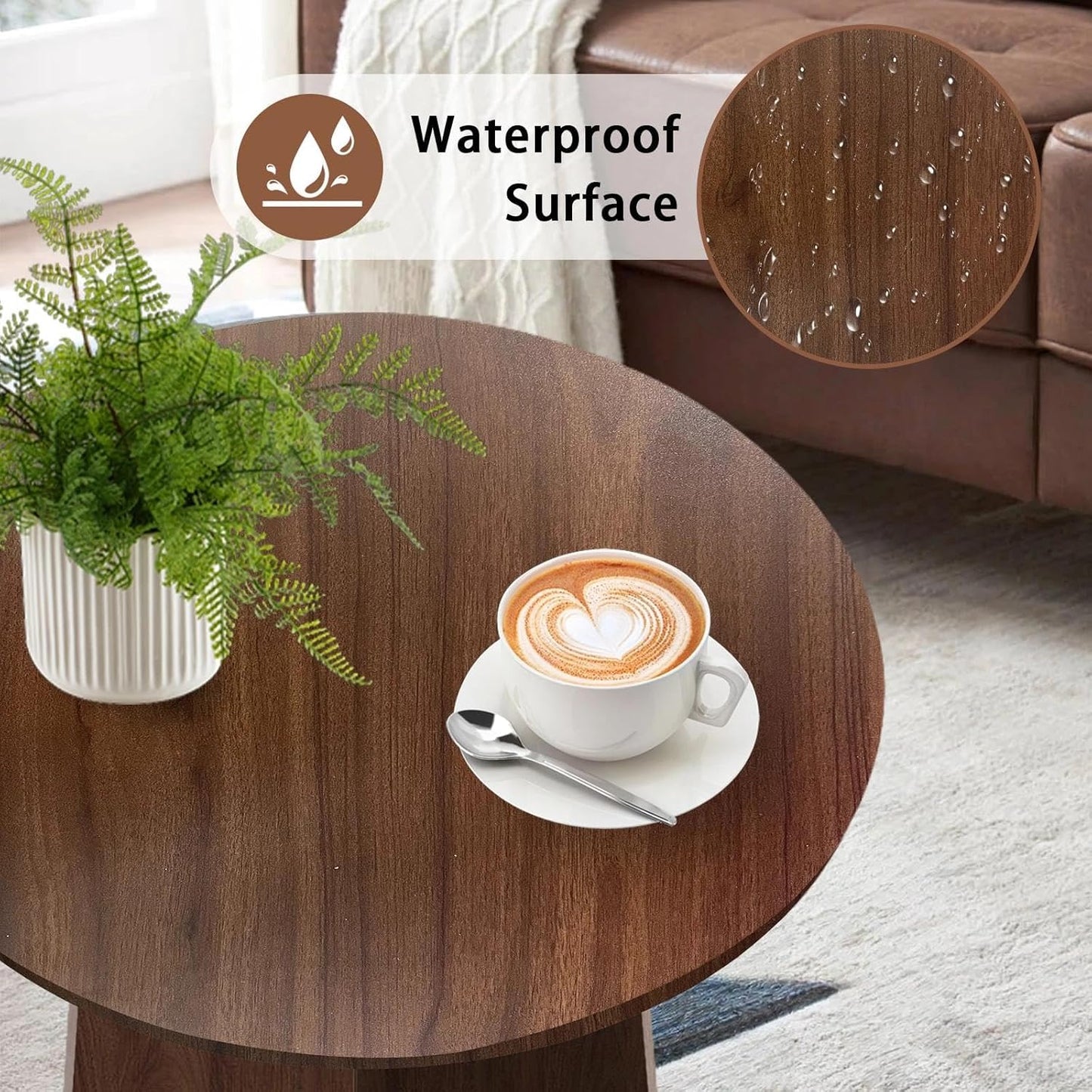 Wood End Table, Round Side Tables Living Room, Small End Tables for Small Spaces, Sofa, Bedroom, Office, 19.7 x 17.7 in Wooden Side Table, Rustic Walnut