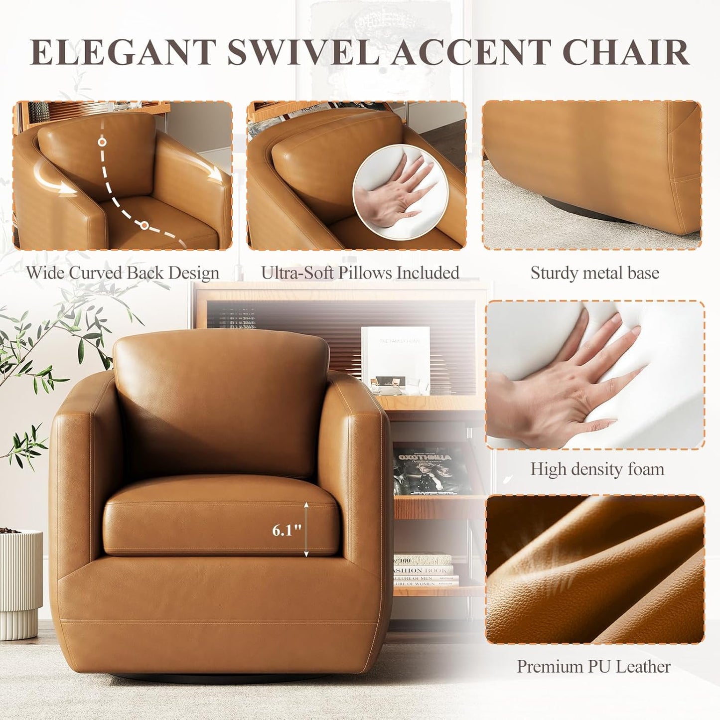 COLAMY 360° Swivel Accent Chair Set of 2 with Pillow - Comfy Living Room Armchair No-Sag Foam & Sturdy Metal Base, Fully Assembled Swivel Accent Single Sofa for Bedroom Living Room, Office, Brown