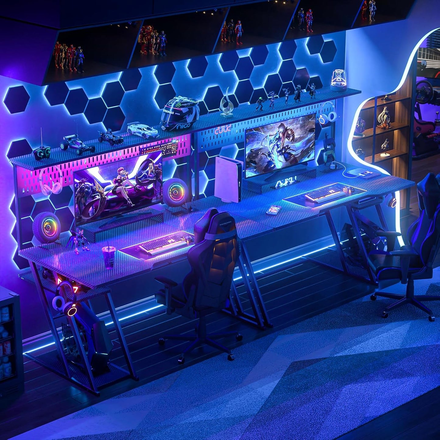 Armocity Gaming Computer Desk with Hutch and LED Lights, 53'' Black Gaming Desk with Storage Shelves, Reversible PC Gamer Desks with Pegboard, Ergonomic Desk for Bedroom, Carbon Fiber Surface