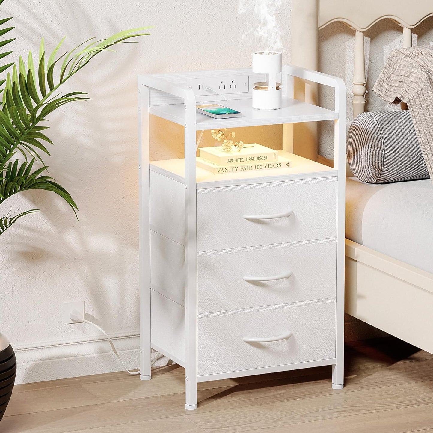 Night Stand Bedside Charger Bedroom - Nightstand with Charging Station, Bed Side Table with LED Light Strip, End Table with U-S-B Ports & AC Outlets, Storage Shelf & 3 Fabric Drawers, White