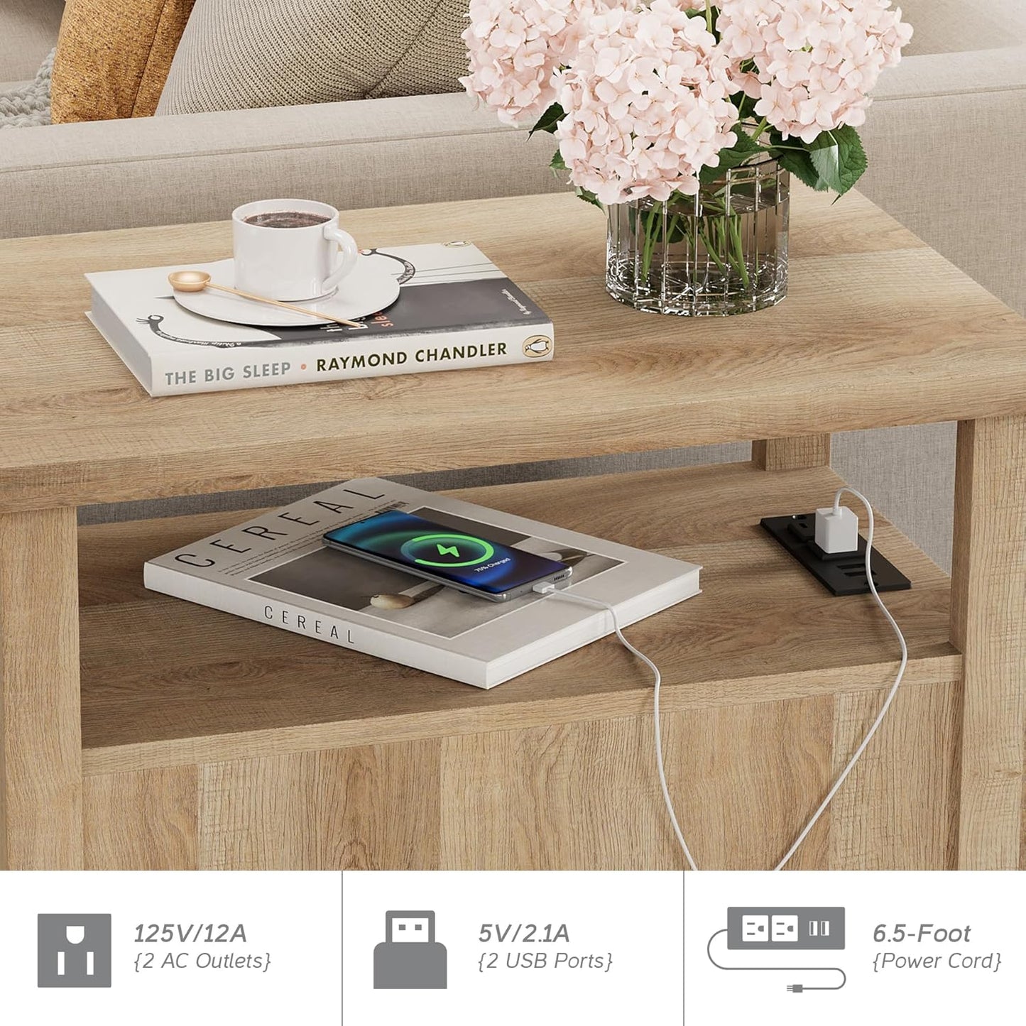 WAMPAT Oak End Table with Charging Station, Sofa Side Table with Storage Cabinet for Living Room, Light Wood Bedside Table with Metal Leg, Farmhouse Nightstand for Bedroom