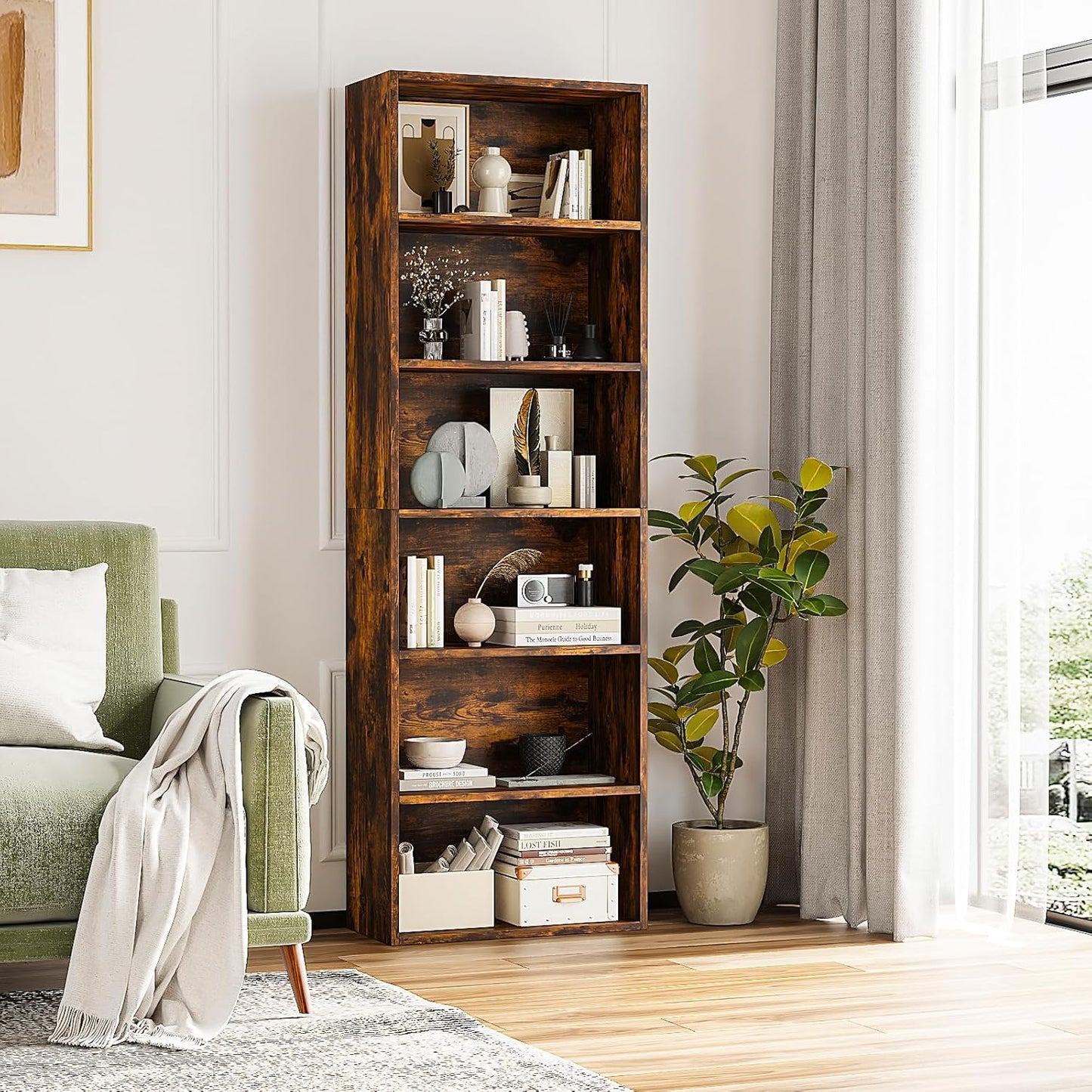 6-Tier Book Shelf, Floor Standing Open Bookcase, Wooden Display Storage Shelves with Anti-Tipping Device, 71" Tall Bookshelf for Bedroom, Living Room and Office, Brown